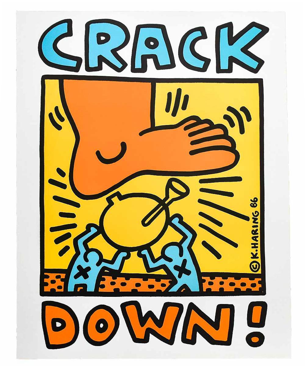 Poster di Keith Haring super vibrante.
Prima stampa originale del 1986.
L'opera d'arte del poster è stata realizzata da Haring per un concerto di beneficenza del Crack di due serate, il cui primo spettacolo si è tenuto al Madison Square