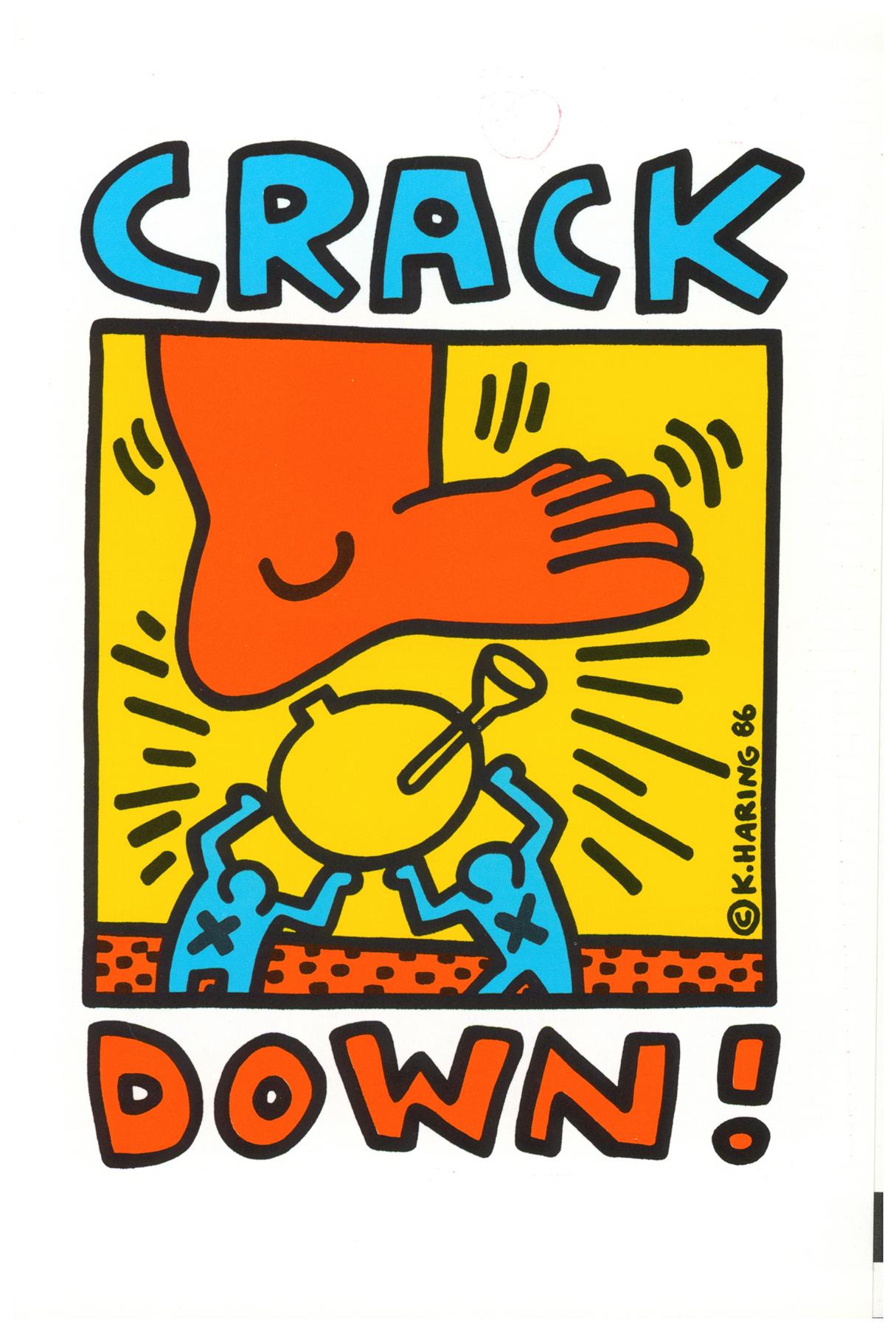 Keith Haring crack down! 1986: Vintage original 1986 Keith Haring illustrated Crack Down! benefit  program.  

This folding pamphlet was designed & illustrated by Keith Haring (along with a poster of same), for the 1986 "Crackdown on Crack" concert