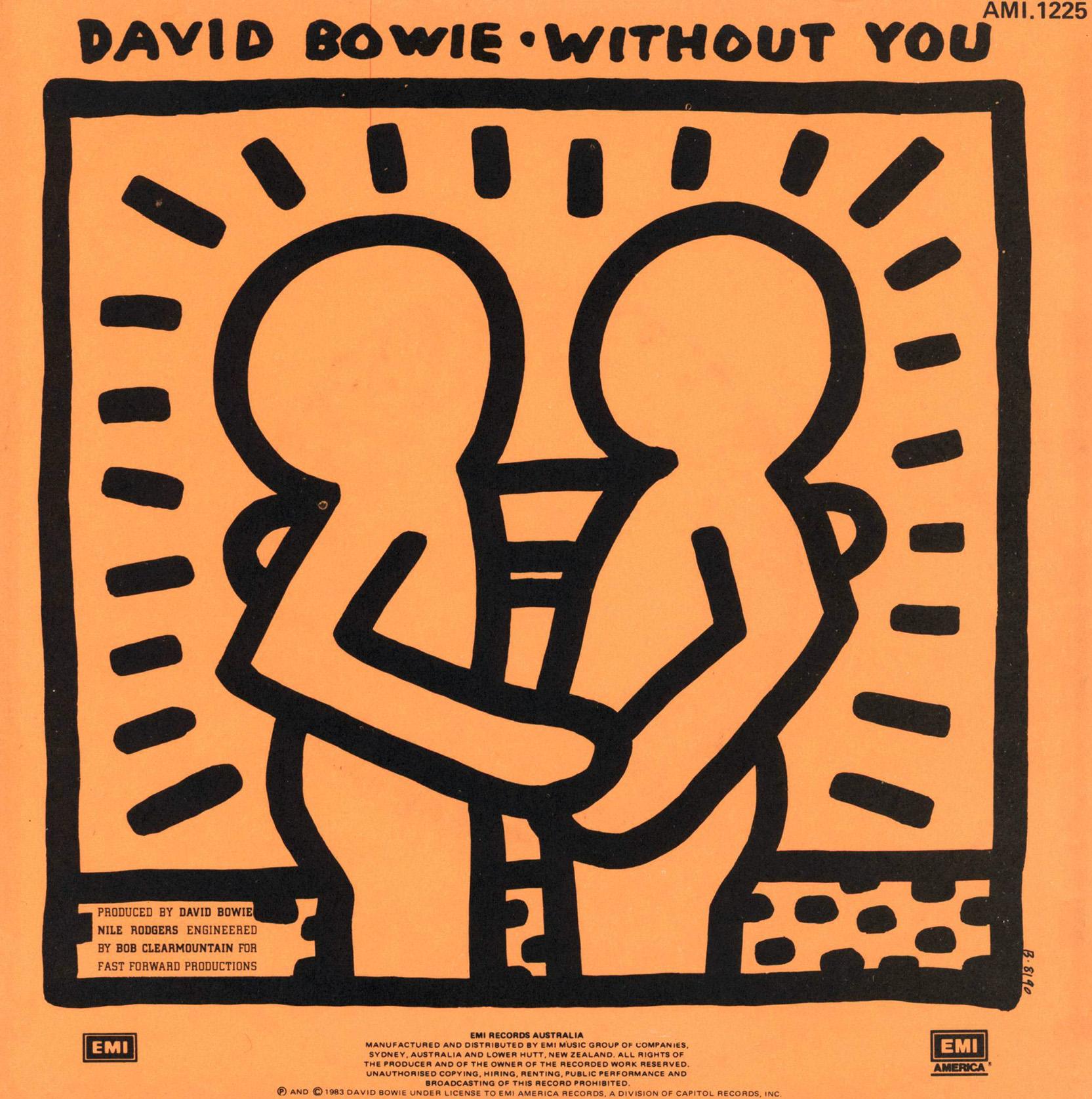 David BOWIE "Without You" A Highly Sought After Vinyl Art Cover featuring Artwork by Keith Haring:

Year: 1983.

Medium: Off-Set Lithograph on 7" vinyl album cover.

Dimensions: 7 x 7 inches

Cover: Some minor rub wear; in otherwise very good