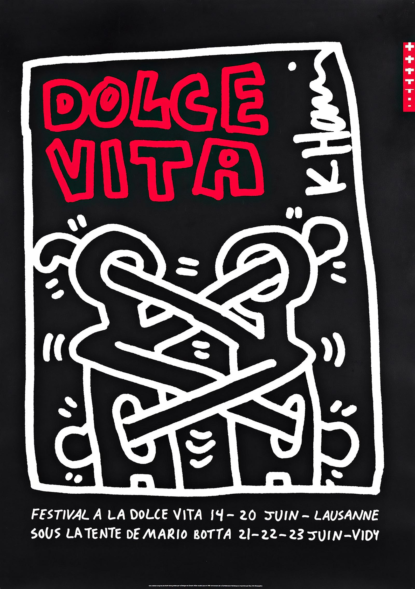 Keith Haring poster 1991 (Keith Haring Dolce Vita festival):

This brilliantly rendered 1991 Keith Haring Dolce Vita poster measuring 50 inches in height, was published on the occasion of the 700th anniversary of the Swiss Confederation. The poster
