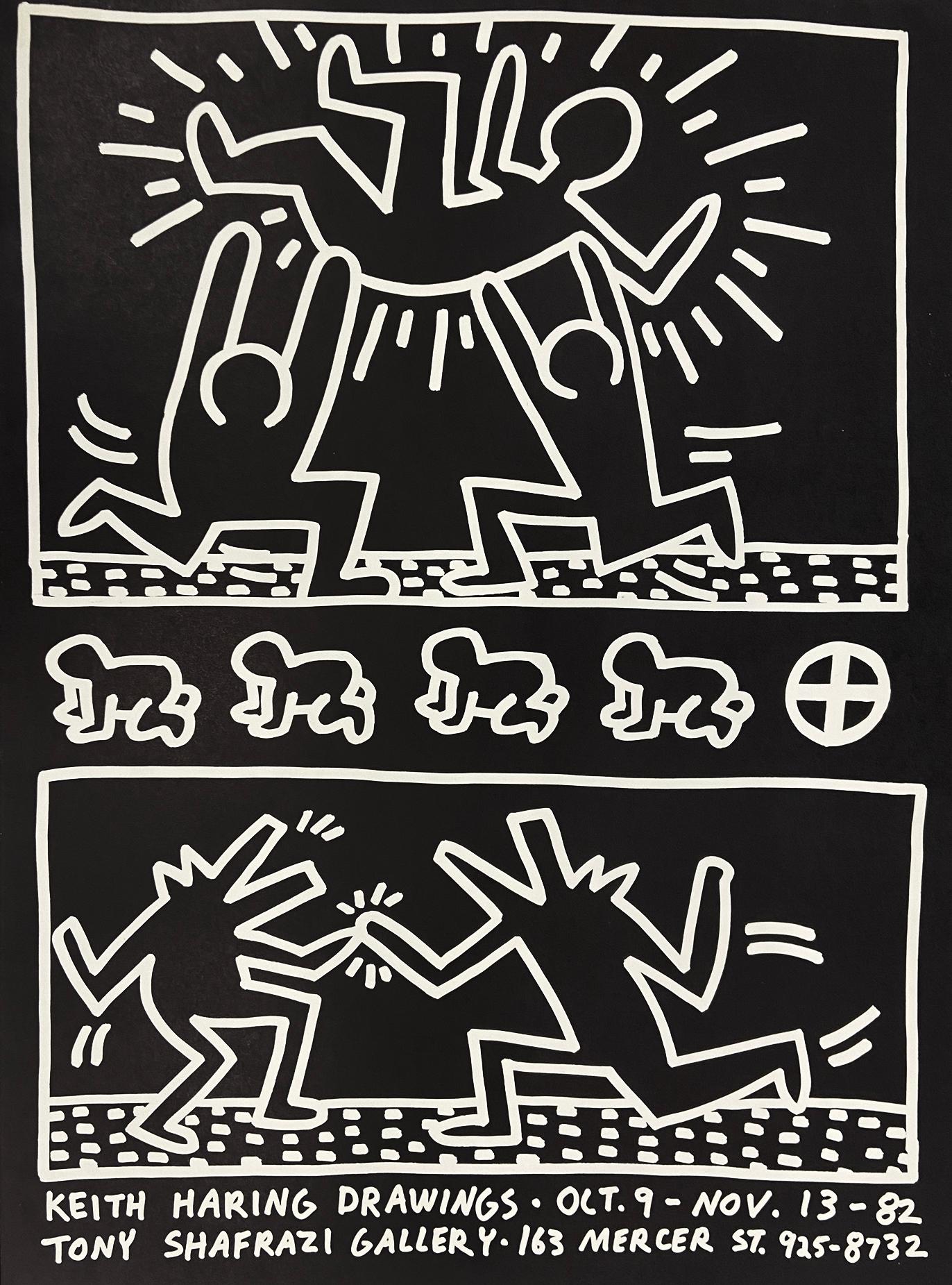 Keith Haring’s First Solo Gallery Exhibition:
Rare original Keith Haring exhibit poster for 'Keith Haring Drawings' Oct. 9 - Nov. 13 - 1982, at Tony Shafrazi Gallery, New York. An exquisite, sought after vintage Haring piece marking Keith's first