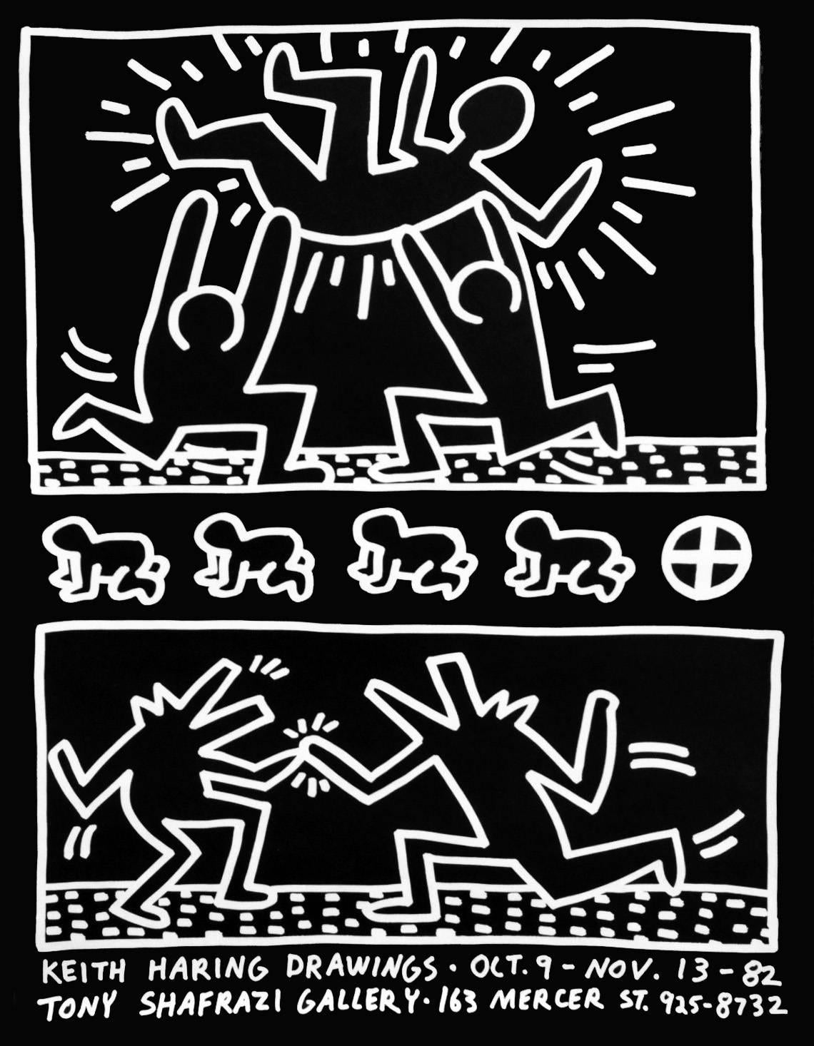 Keith Haring Tony Shafrazi Gallery 1982:
The much historic early Keith Haring exhibition poster, illustrated by Haring on the occasion of: 'Keith Haring Drawings' Oct. 9 - Nov. 13 - 1982: Tony Shafrazi Gallery, New York. 

The classic white on