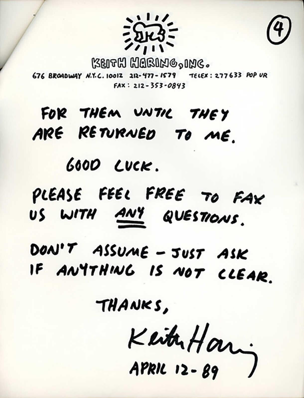 Keith Haring Eight Ball 1989:
This extremely rare 4 page printed/faxed document was created by Haring in 1988/1989, as a set of instructions to his publisher on “Eight Ball - Haring’s brilliantly rendered hardcover 1989 book. The instructions are