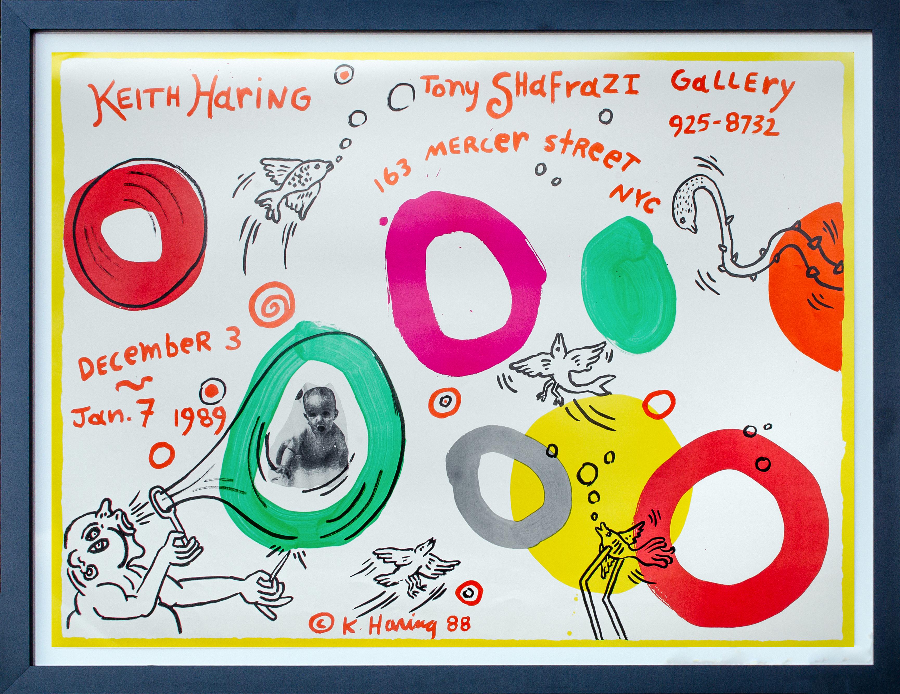 Keith Haring
Cartel de exposición para la Galería Tony Shafrazi, 1988
Impresión offset en color
25 x 34 in.
Enmarcado: 29 1/8 x 38 1/4 x 1 pulg.
Firmado y fechado en la parte inferior de la placa

Cartel de exposición de Keith Haring con un bebé
