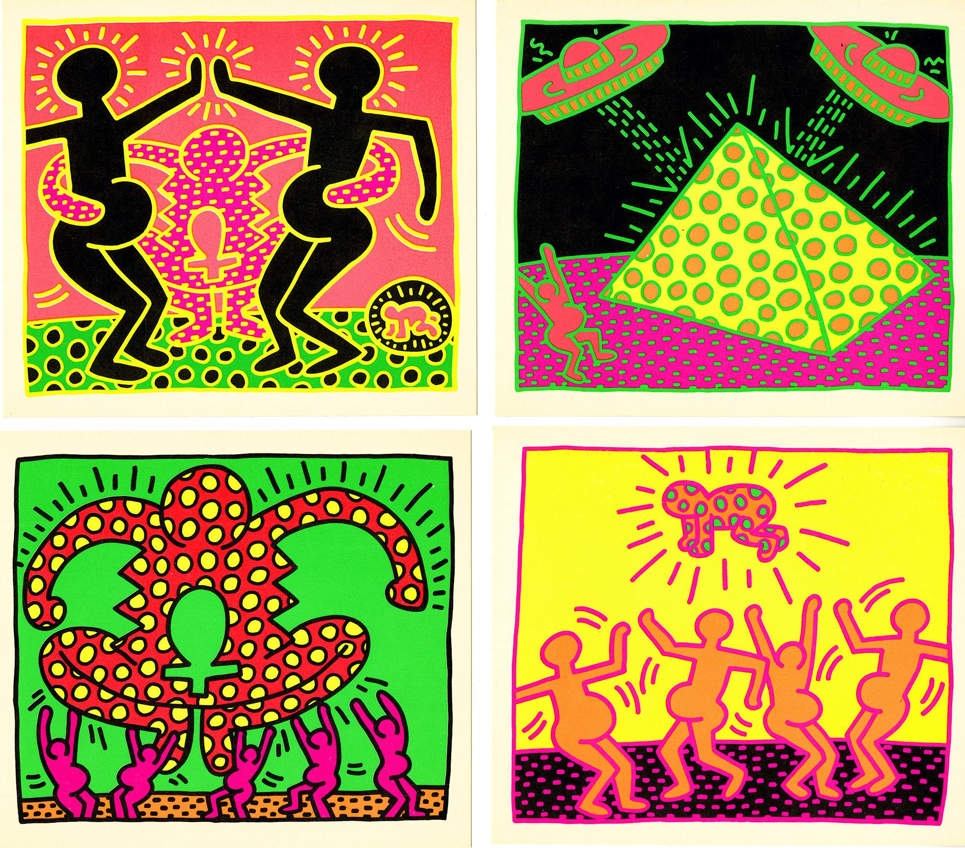 Keith Haring, Tony Shafrazi 1983 :
Cet ensemble de cinq cartes promotionnelles, accompagnées de la carte d'invitation et de l'enveloppe originales de Shafrazi, a été publié pour promouvoir le portfolio de cinq sérigraphies de Keith Haring, "The