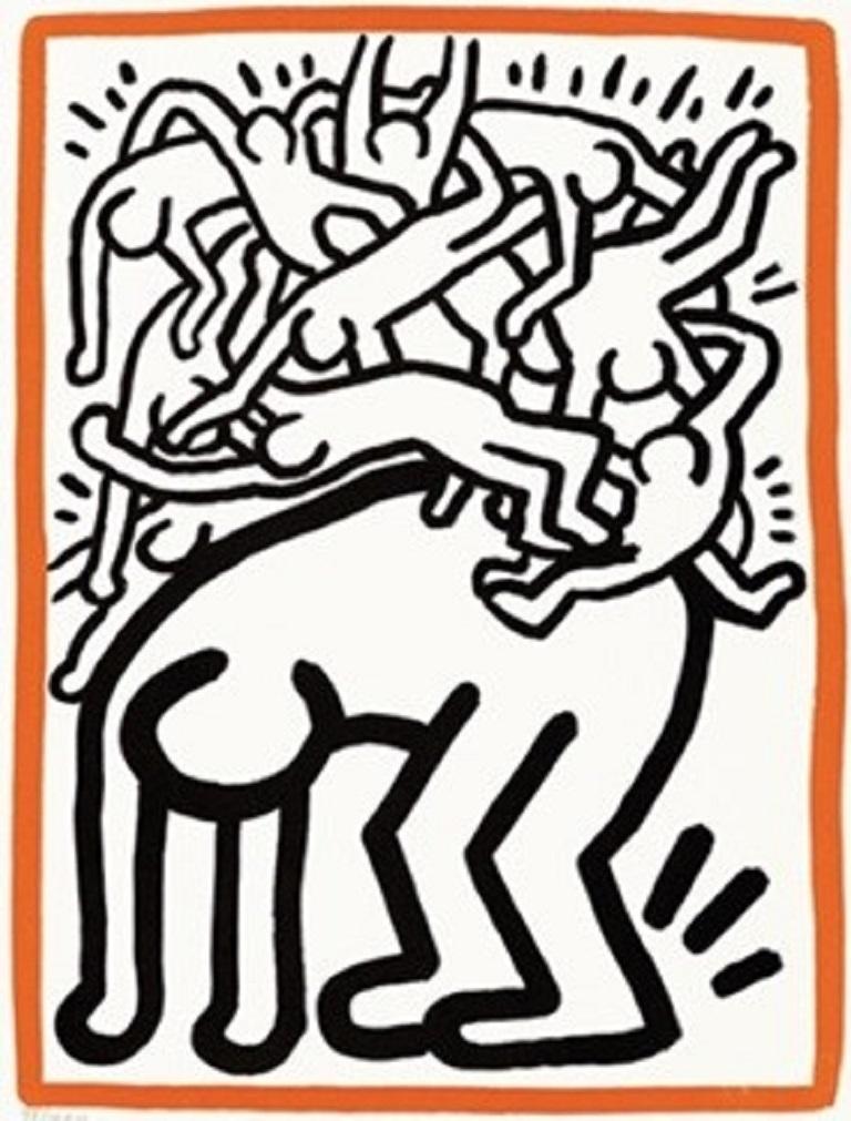 Haring's 'Fight AIDS Worldwide' is a lithograph in color, on fine Arches wove paper. It was published by the World Federation of United Nations Associations, New York, with their blindstamp. This piece is stamped, numbered and in excellent