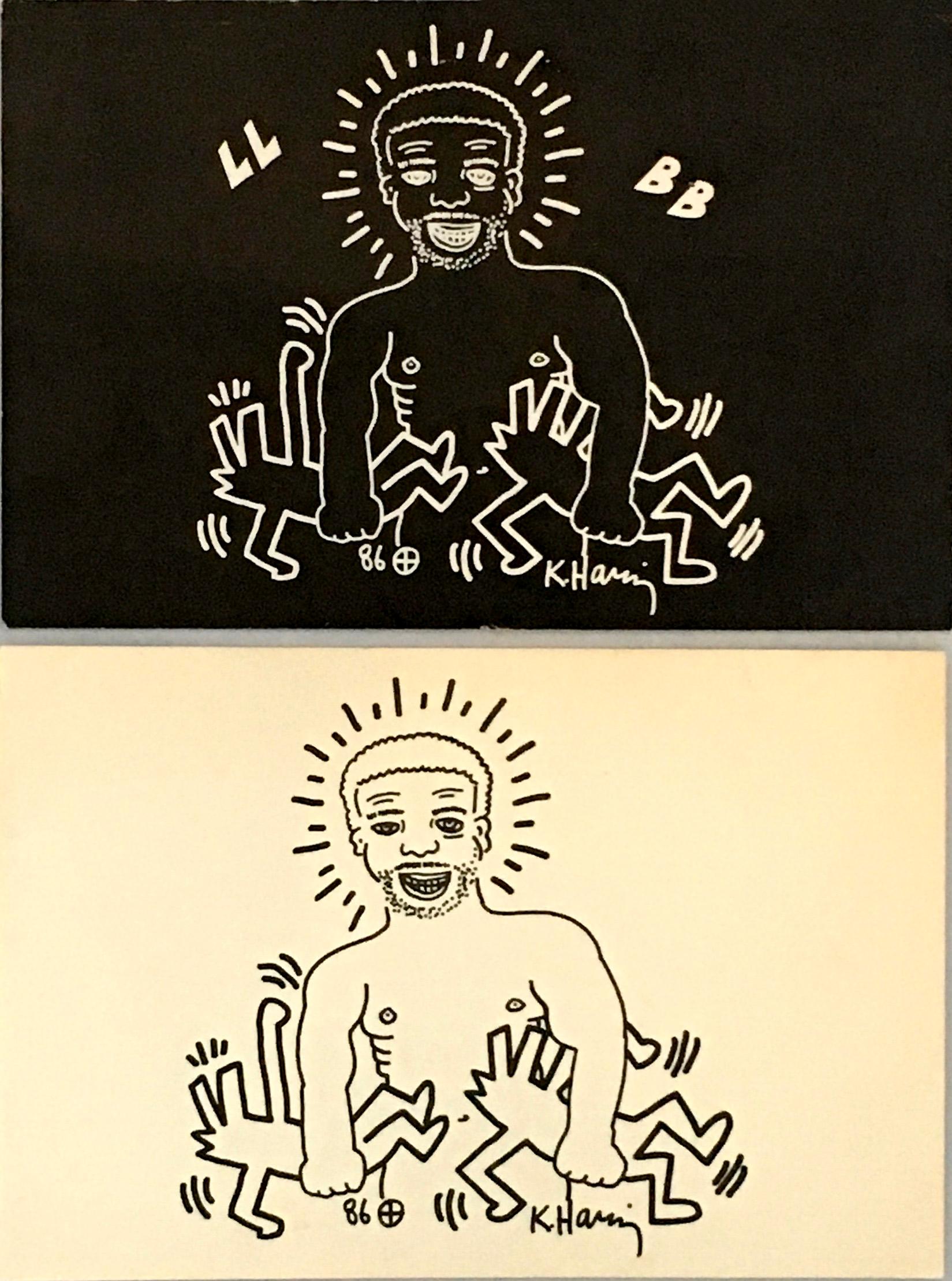 Keith Haring, Paradise Garage, 1986 
Complete set of two rare, highly sought-after invites created by Haring for the historic two night, 1986 birthday celebration of Larry Levan at Paradise Garage (one for a private reception held on Wednesday July
