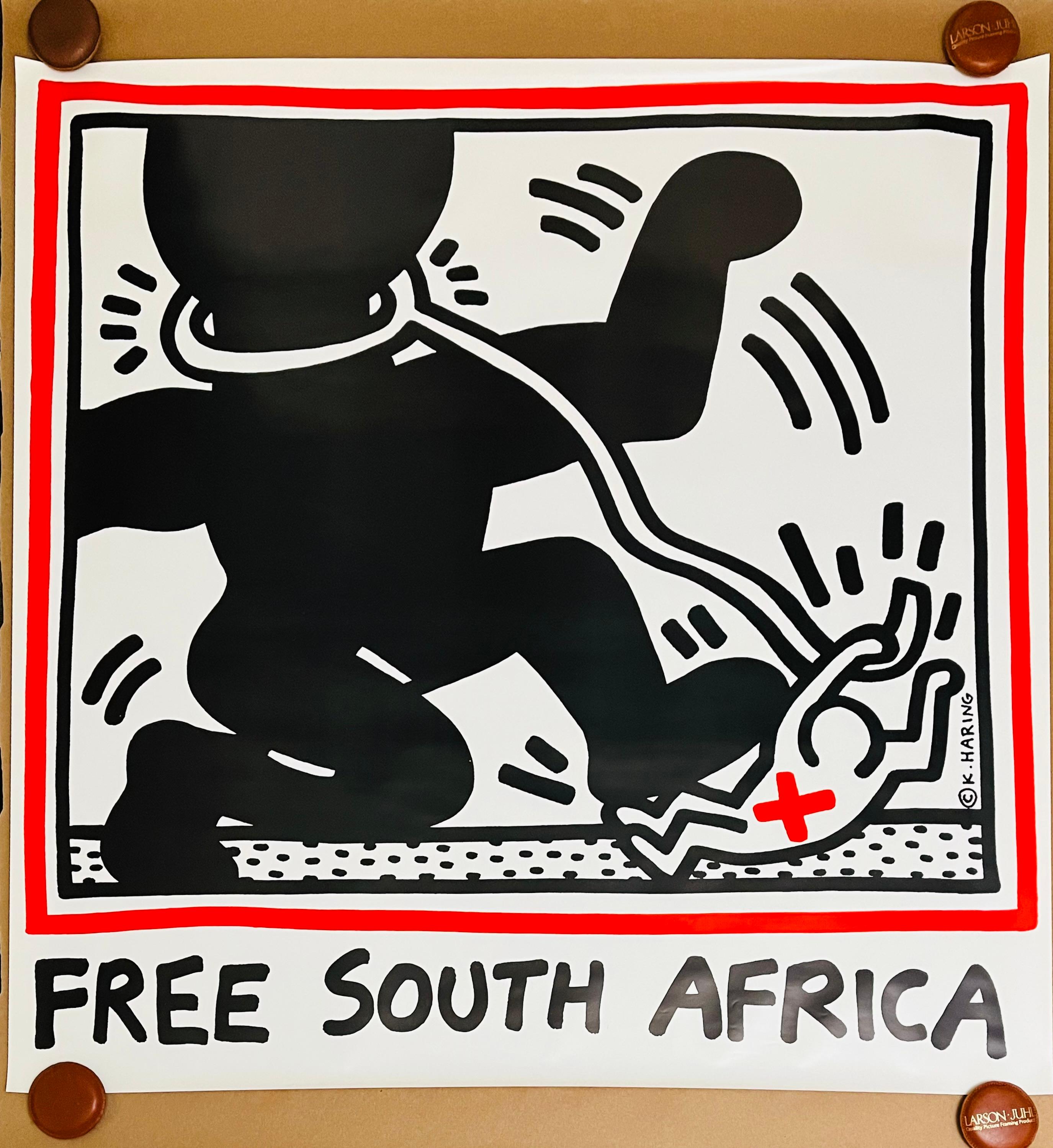 Keith Haring Free South Africa 1985:
Original 1985 Keith Haring Free South Africa poster- a key historical Keith Haring activist poster designed & created by the artist. This work is featured in the Catalog Raisonne of Haring posters by Jürgen and