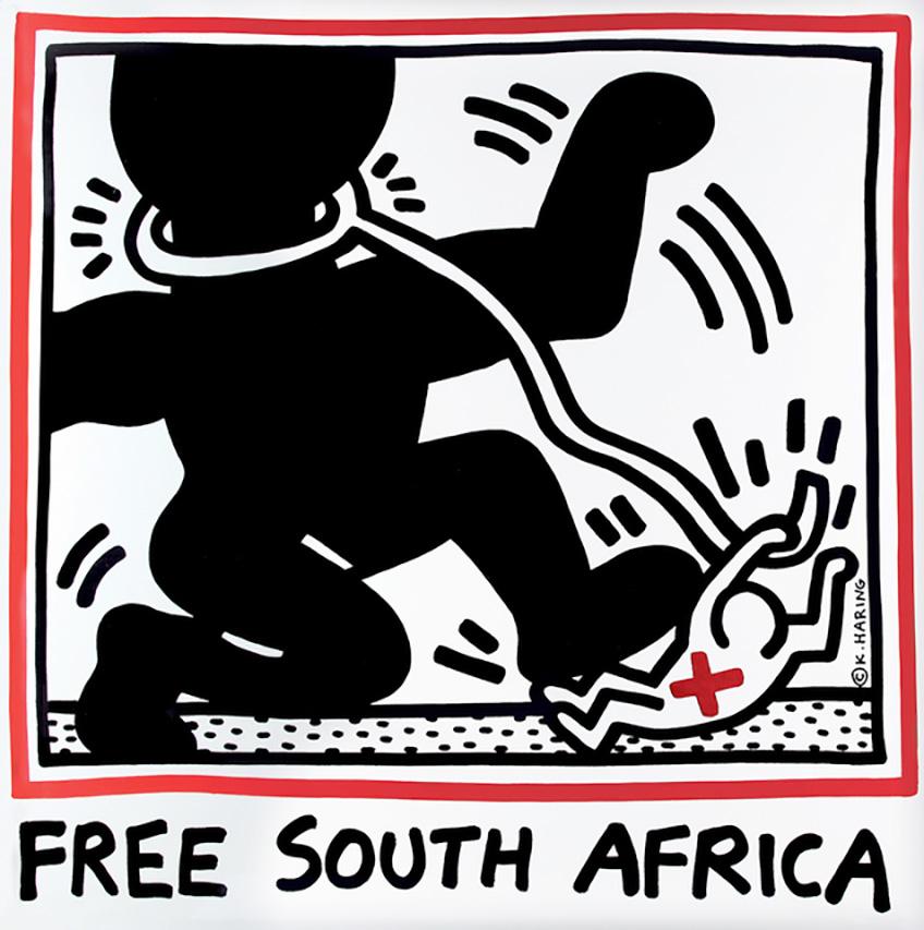 Original 1985 Keith Haring, Free South Africa poster: 
A large, vibrant Haring print that makes for standout wall art within reach. A key historical Haring collectible which is featured in the Catalog Raisonne of Haring posters by Jürgen and Osten.