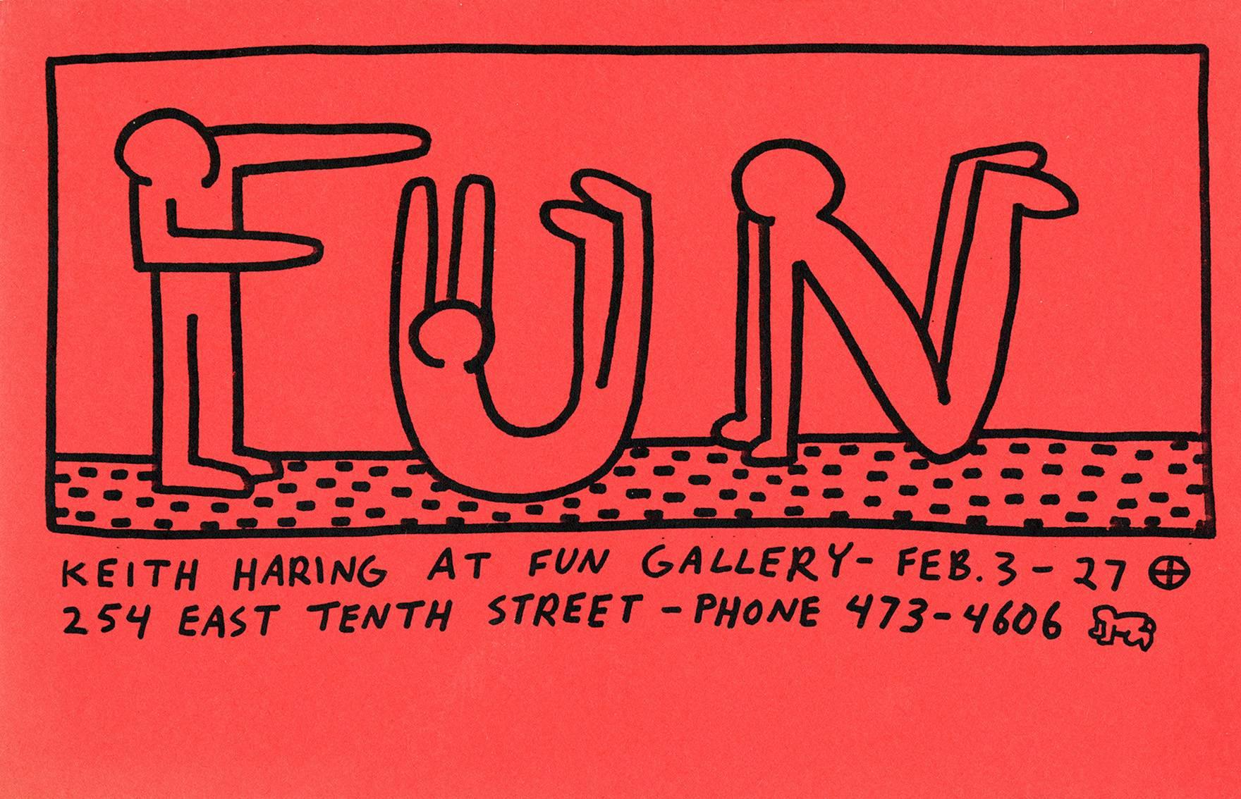 Keith Haring Fun Gallery 1983: 
Rare original 1983 Keith Haring illustrated announcement published on the occasion of Haring's historic 1983 show at the Fun Gallery in the East Village: Keith Haring at Fun Gallery Feb 3 - Feb 27, 1983. A classic