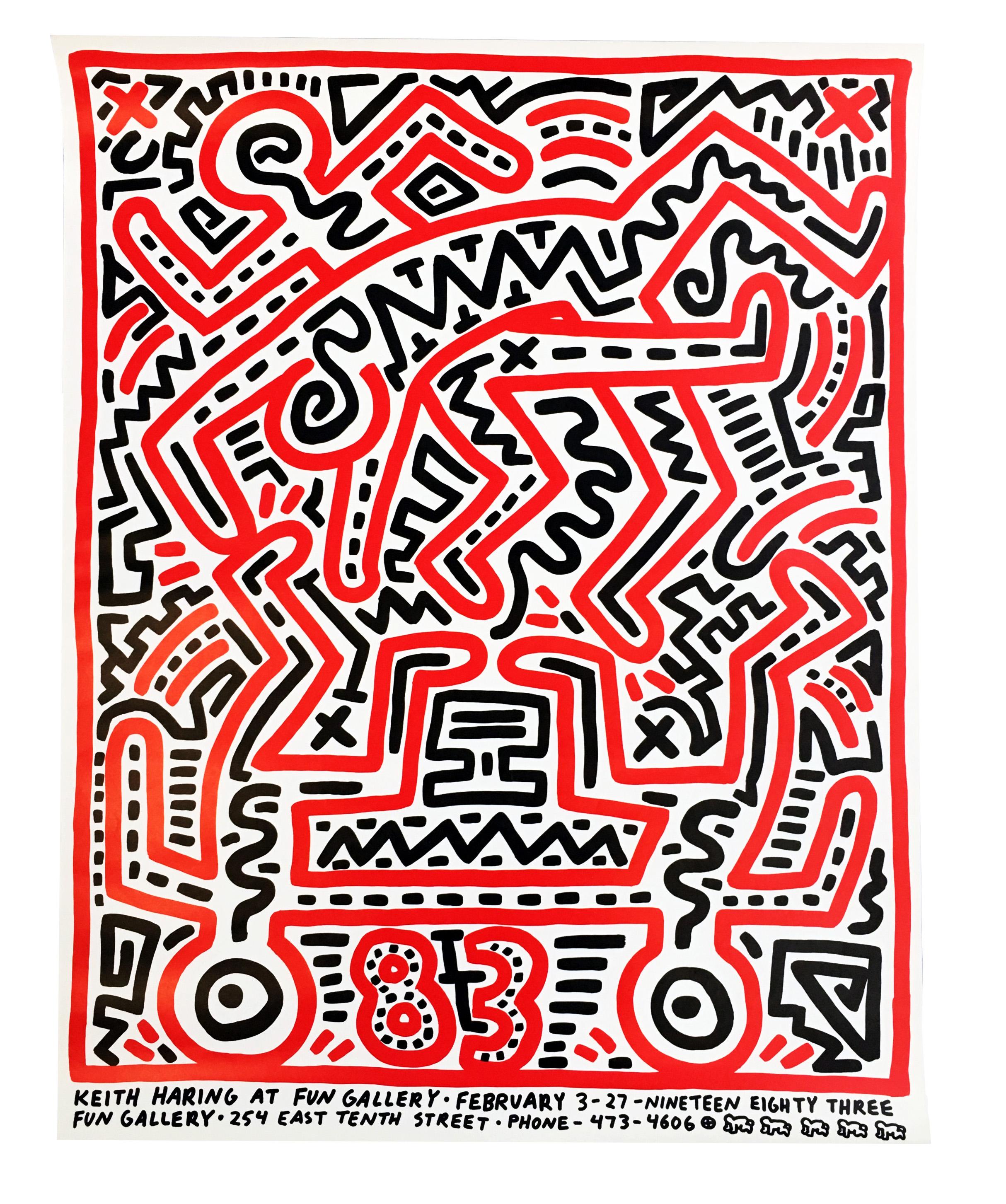 Keith Haring Fun Gallery 1983:
Originales illustriertes Ausstellungsplakat von Keith Haring aus dem Jahr 1983, das anlässlich von Harings historischer Ausstellung 1983 in der Fun Gallery im East Village veröffentlicht wurde. Eine klassische