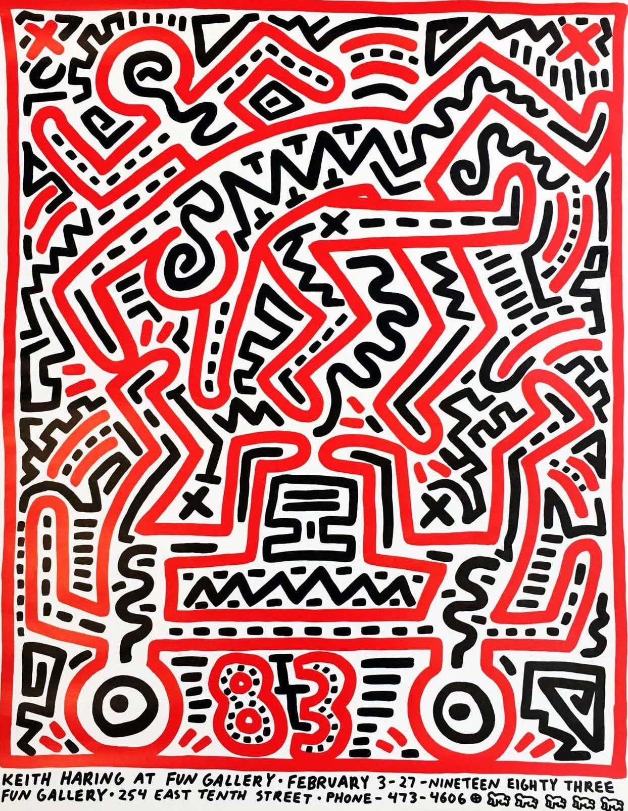 Keith Haring Fun Gallery 1983:
Original 1983 Keith Haring illustrated exhibition poster published on the occasion of Haring's historic 1983 show at the Fun Gallery in the East Village. A classic array of early Haring imagery that reveals red and