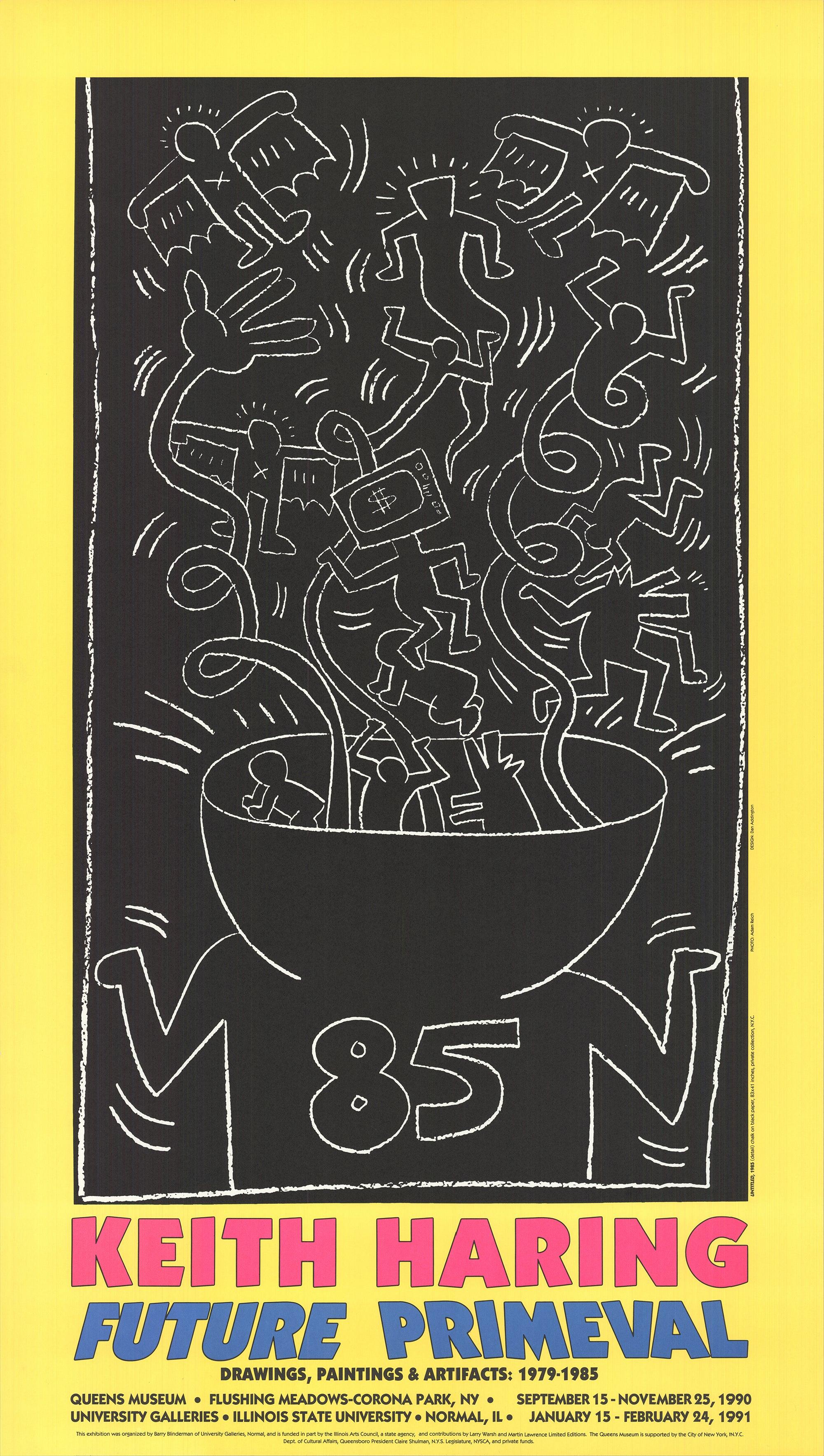 Original exhibition poster created for Keith Haring’s landmark show Future Primeval – Drawings, Paintings, and Artifacts, presented at the Queens Museum and University Galleries in 1985. Printed on thick, high-quality paper, the poster embodies