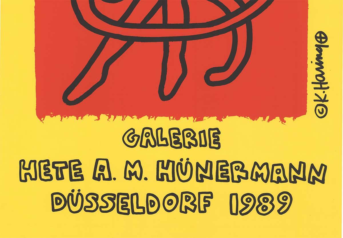 Galerie Hünermann. 1989.  Original exhibition poster created by Keith Haring for an exhibition at Hete A. M. Hunermann in Dusseldorf, Germany in 1989.   Signature is in the plate.   Serigraph in very good condition, ready to frame.

This is one of