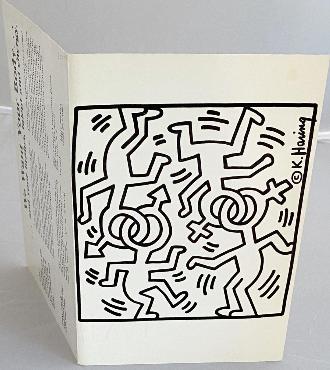 Keith Haring Gay Pride New York 1986: 
Keith Haring illustrated folding-invitation for Gay/Lesbian Pride Day at New York's Palladium nightclub, 1986. Executed during Haring’s lifetime. Rare & highly collectible.

Offset printed single-fold poster