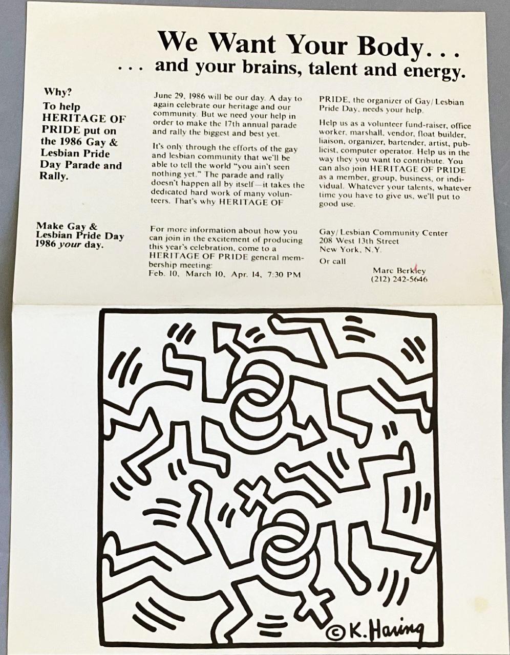 Keith Haring Gay Pride New York 1986: 
Keith Haring illustrated folding-invitation for Gay/Lesbian Pride Day at New York's Palladium nightclub, 1986. Executed during Haring’s lifetime. Rare & highly collectible.

Offset printed single-fold poster