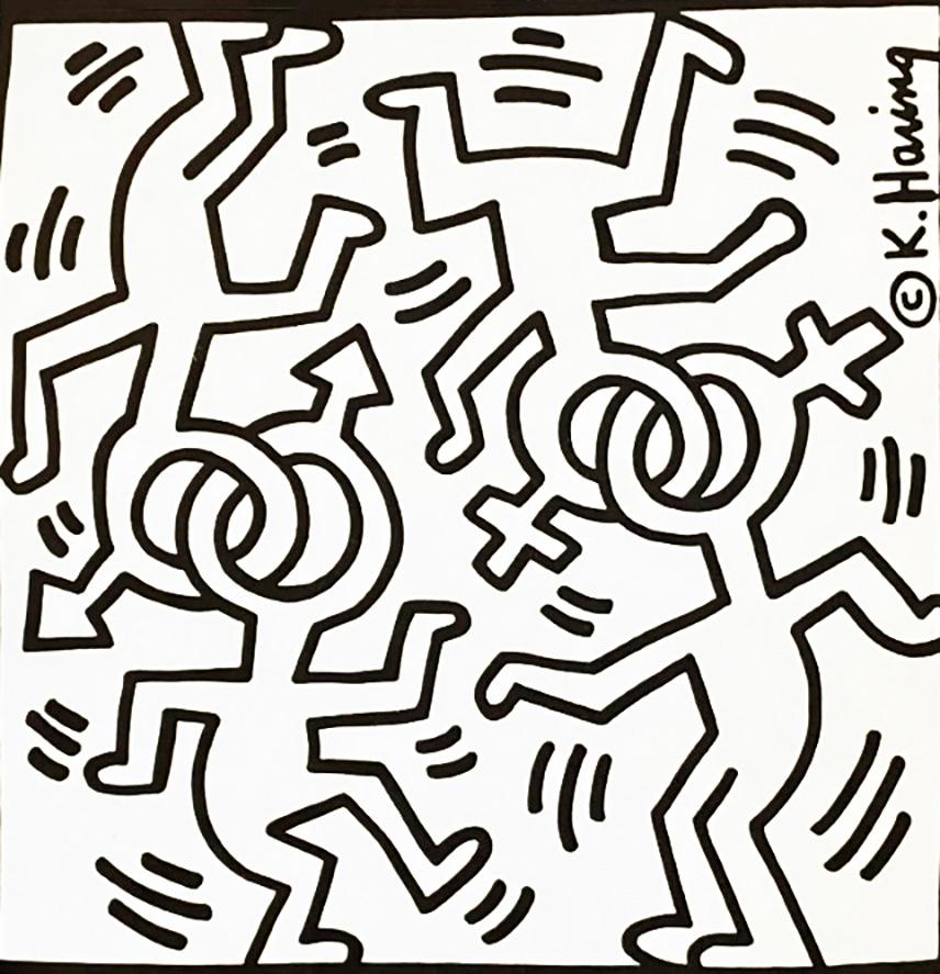 Keith Haring Gay Pride New York 1986: 
Keith Haring illustrated folding-invitation for Gay/Lesbian Pride Day at New York's Palladium nightclub, 1986. Executed during Haring’s lifetime. Rare & highly collectible.

Offset printed single-fold poster