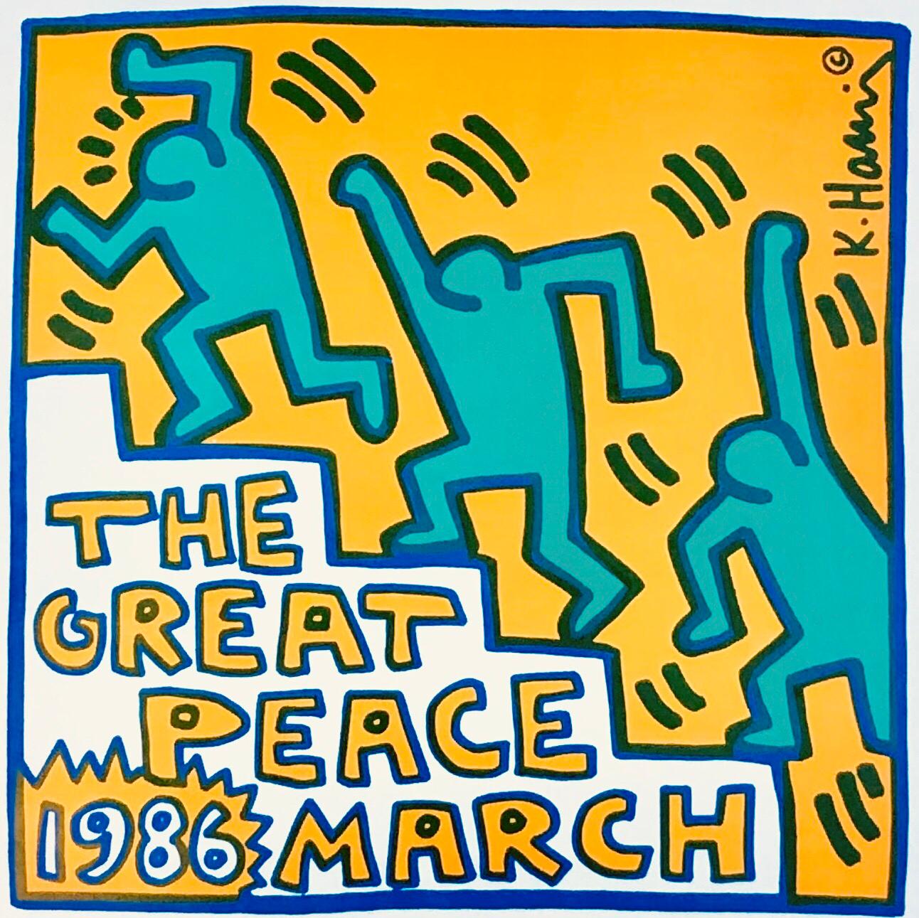 Original Vintage-Originalplakat von Keith Haring aus dem Jahr 1986:: illustriert von Haring für den Great Peace March:: New York City:: 1986. 

Keith Haring entwarf dieses Stück für die anti-nuclearen Demonstrationen:: die 1986 in den gesamten USA