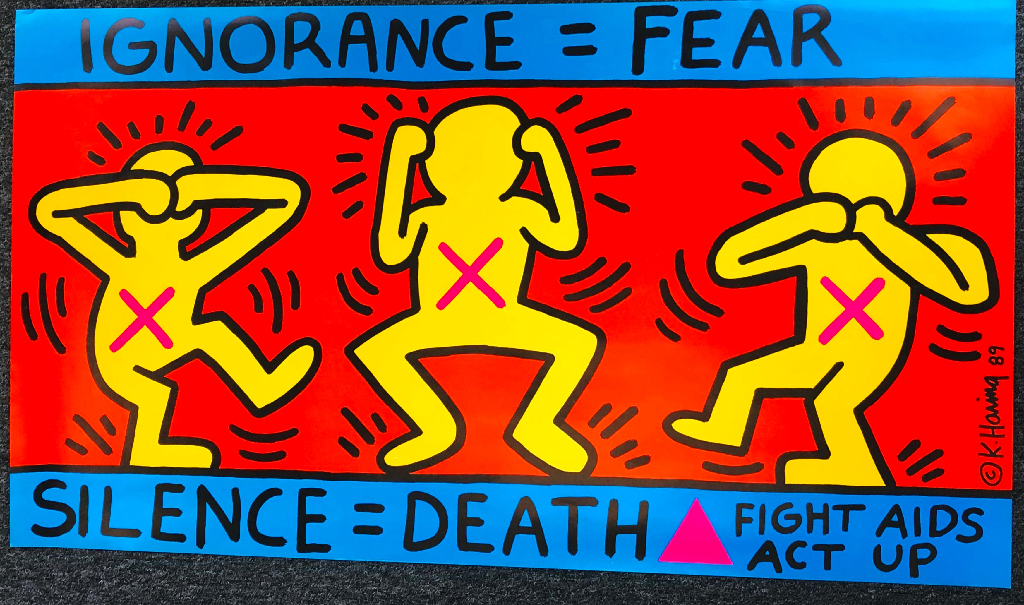 Original 1989 Keith Haring, Ignorance = Fear Silence = Death poster 
On behalf of the New York-based AIDS activist group AIDS Coalition to Unleash Power (ACT UP), Keith Haring designed and executed this poster in 1989 after the artist had been
