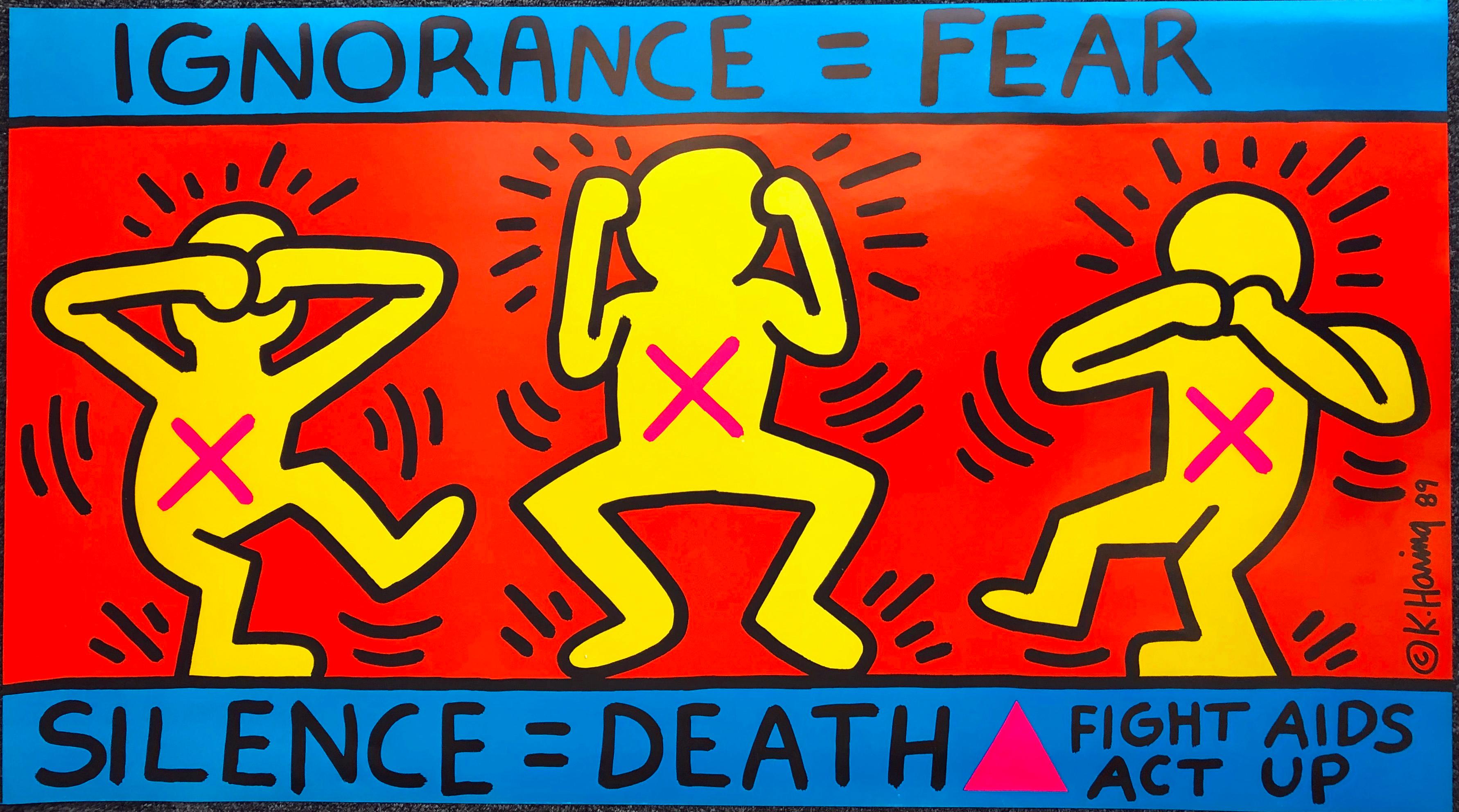 Original 1989 Keith Haring, Ignorance = Fear Silence = Death poster 
On behalf of the New York-based AIDS activist group AIDS Coalition to Unleash Power (ACT UP), Keith Haring designed and executed this poster in 1989 after the artist had been