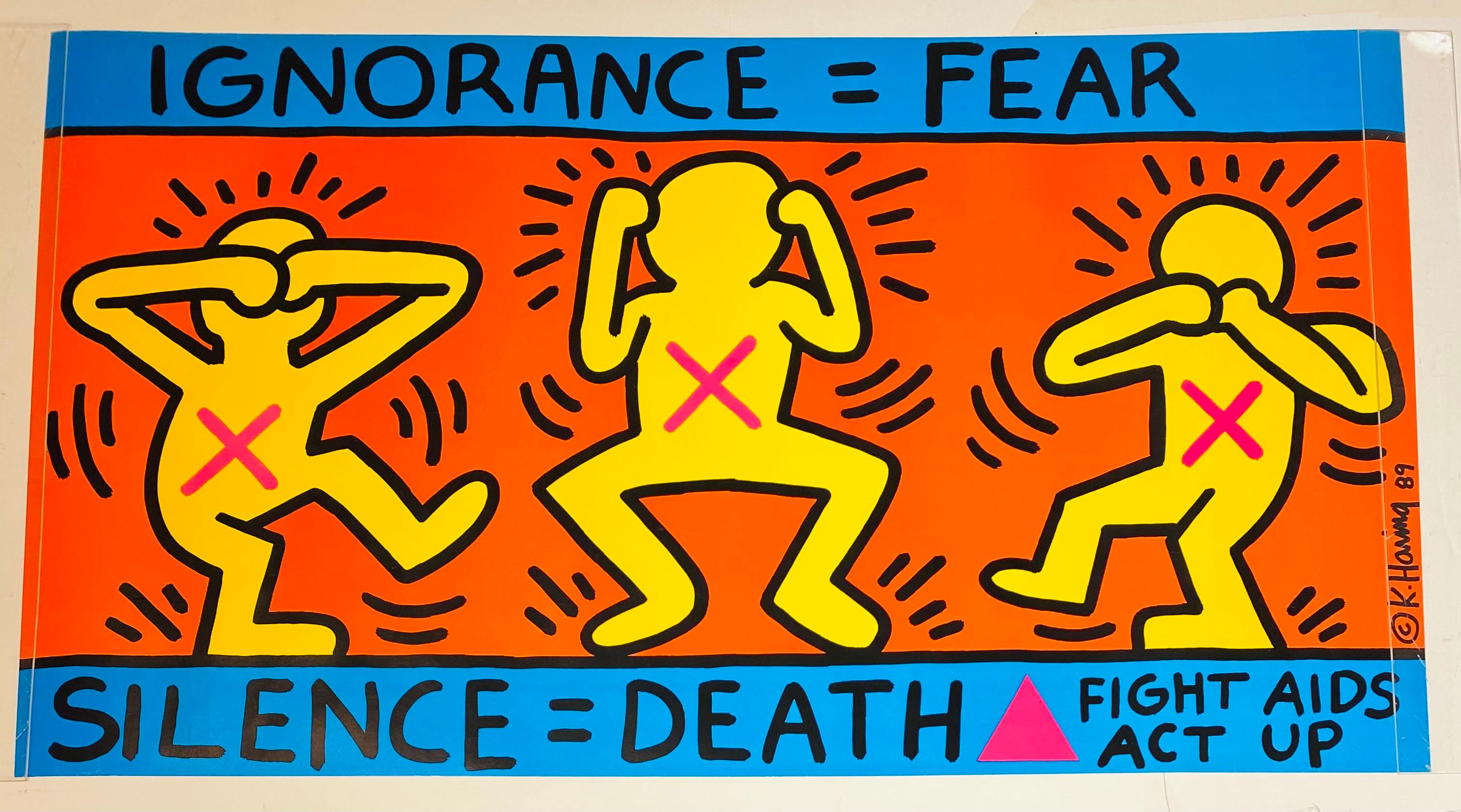 Original 1989 Keith Haring, Ignorance = Fear Silence = Death poster:
On behalf of the New York-based AIDS activist group AIDS Coalition to Unleash Power (ACT UP), Keith Haring designed and executed this poster in 1989 after the artist had been