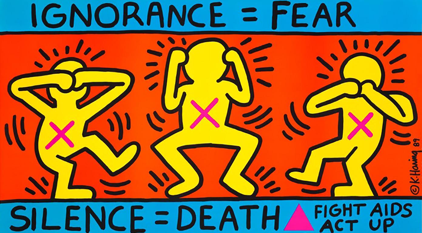 Original 1989 Keith Haring, Ignorance = Fear Silence = Death poster:
On behalf of the New York-based AIDS activist group AIDS Coalition to Unleash Power (ACT UP), Keith Haring designed and executed this poster in 1989 after the artist had been