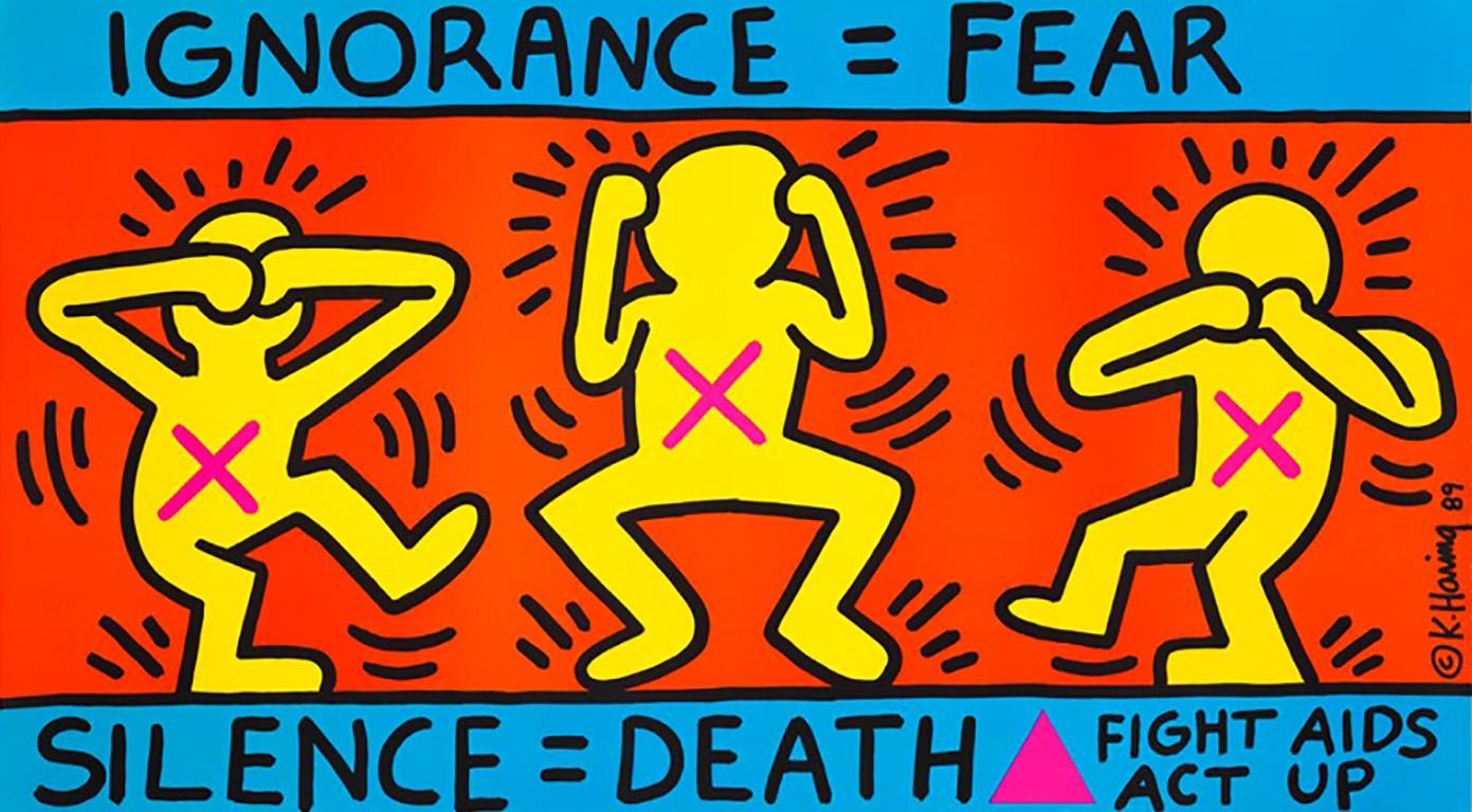 Originalplakat von Keith Haring aus dem Jahr 1989 mit dem Titel Ignorance = Fear Silence = Death:
Im Auftrag der in New York ansässigen AIDS-Aktivistengruppe AIDS Coalition to Unleash Power (ACT UP) entwarf und realisierte Keith Haring 1989 dieses