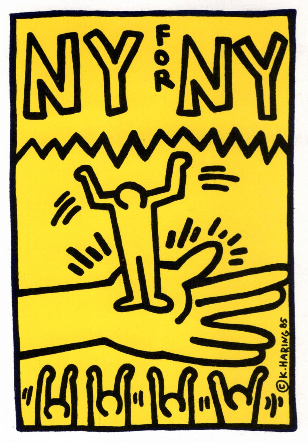 Keith Haring 1985:
Keith Haring off-set illustrated announcement card, NY, 1985: "NY for NY, Help The Homeless" at The Roxy, West 18th St., NYC.

Off-set printed, 1985 (folds open into three sections).
Measures: 5 x 7 inches (15 x 7 inches when