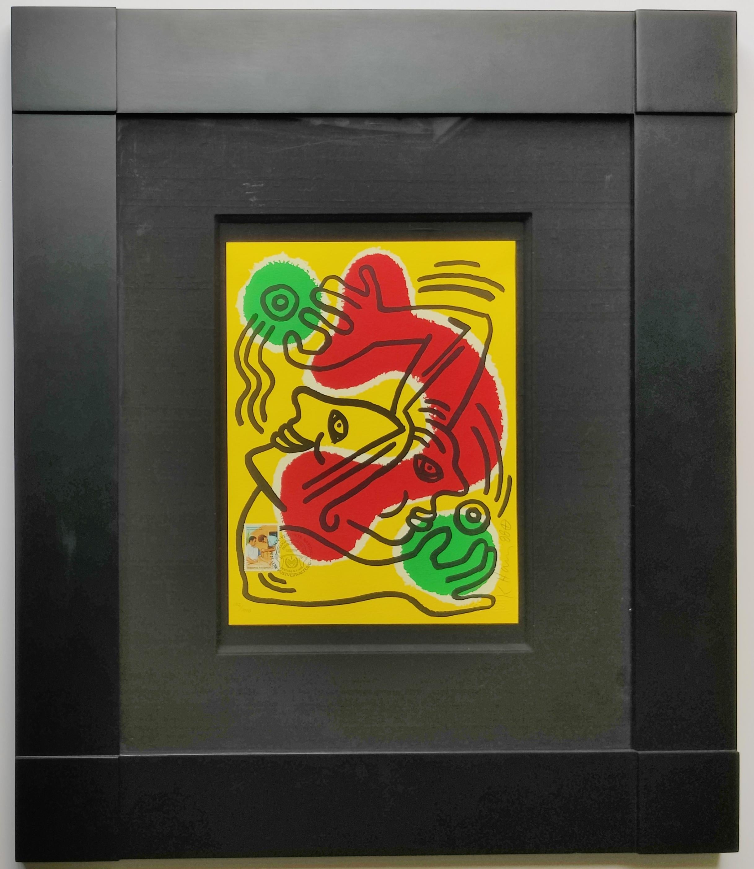 Keith Haring 
International Volunteer Day, 1988
Hand signed lower right
Numbered 142/1000
Sheet size 28.6 x 21.6 cm
Frame size: 63.5 x 53.5 x 3 cm
Published by the World Federation of the United Nations Association
A signed certificate from WFUNA on