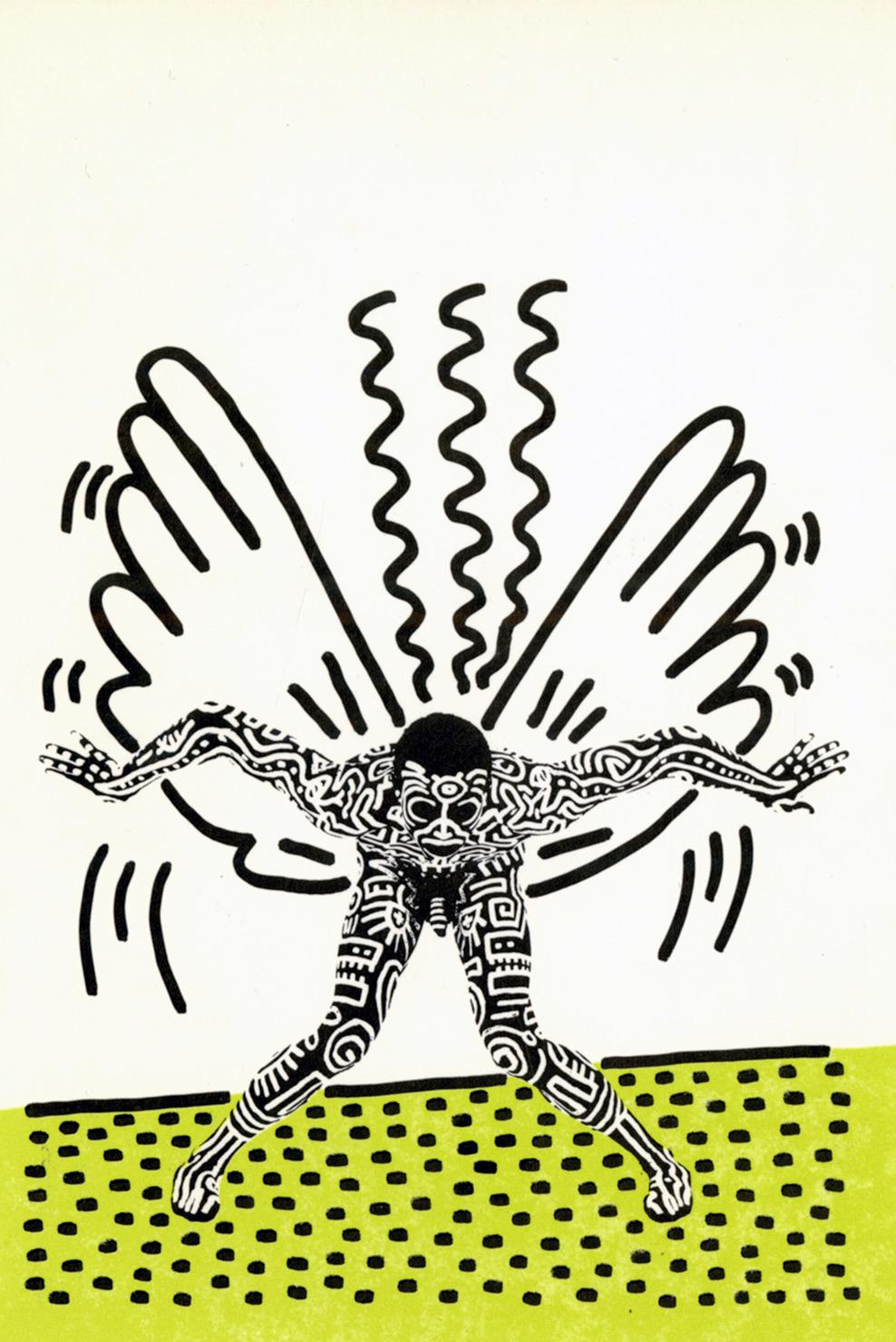Keith Haring Into 84/Keith Haring Painted Man 1983: 
Ankündigungskarte für die gut dokumentierte Ausstellung "Into 84" von Keith Haring in der Tony Shafrazi Gallery, New York, 1983. Für diese Serie lieh sich Haring den Körper von Bill T. Jones - von
