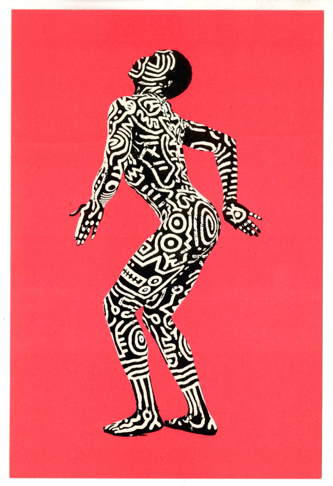 Keith Haring Into 84/Keith haring Painted Man 1983: 
Announcement card for Keith Haring’s well-documented exhibition, 'Into 84' at Tony Shafrazi Gallery, New York, 1983. For this series Haring borrowed Bill T. Jones' body — from head to toe — as the
