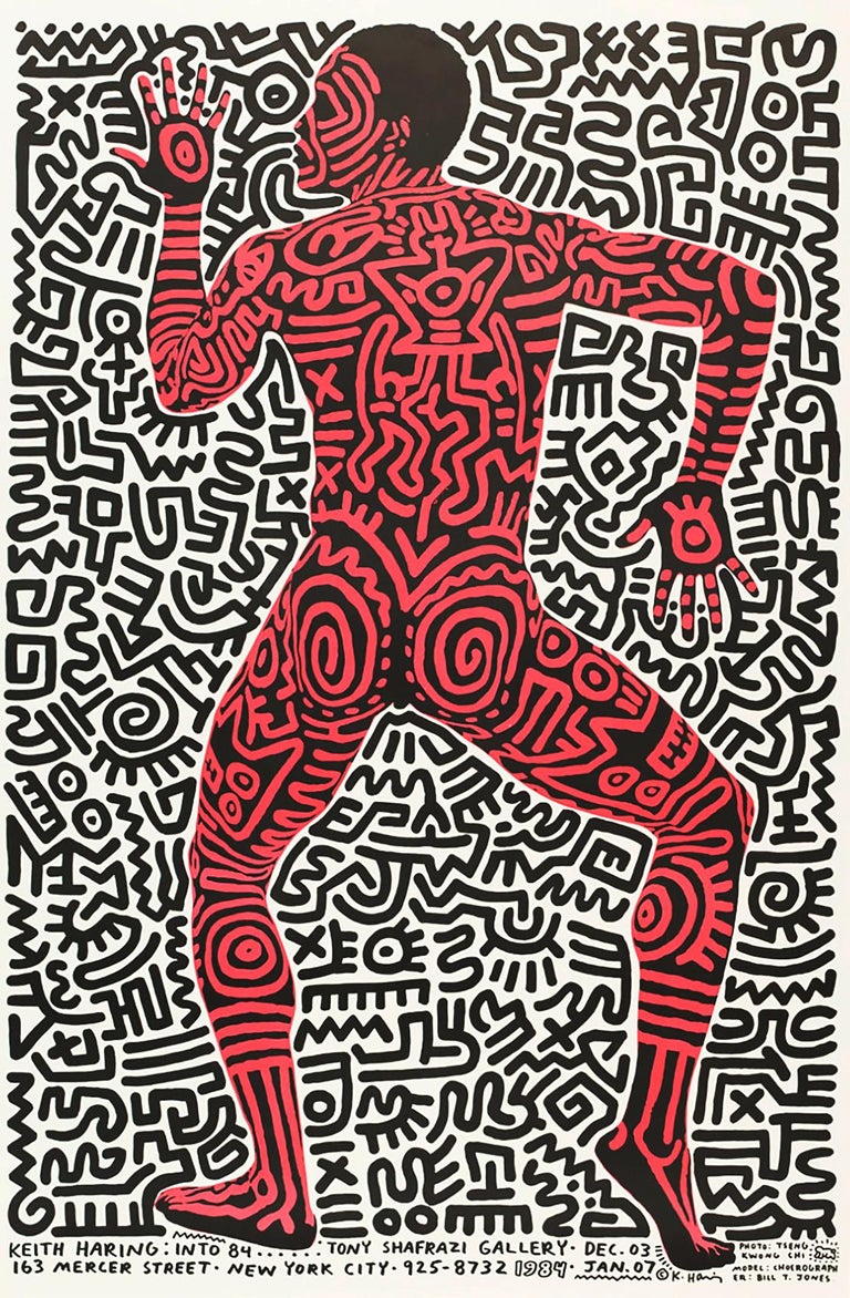 Keith Haring Into 84 exhibition poster: 
Vintage original 1980's poster designed by Keith Haring for his well-documented exhibition, 'Keith Haring: Into 84' at Tony Shafrazi Gallery, New York, 1983. For this series, Haring borrowed choreographer,
