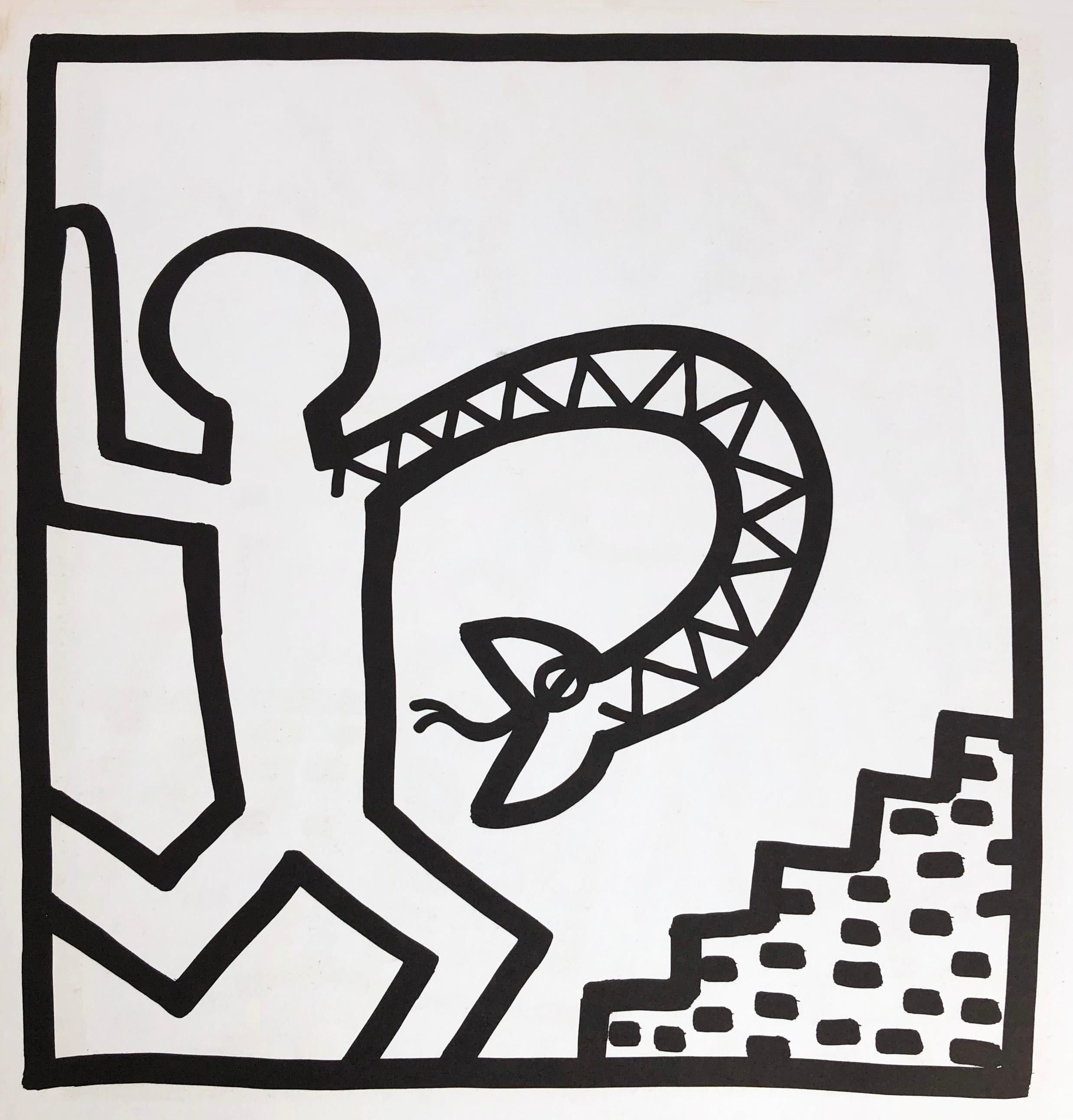Keith Haring Lithograph 1982
Double-sided offset lithograph published by Tony Shafrazi Gallery, New York, 1982 from an edition of 2000. 

Single sheet lithograph from the seminal spiral bound, early monograph showcasing Haring's work. 9 x 9