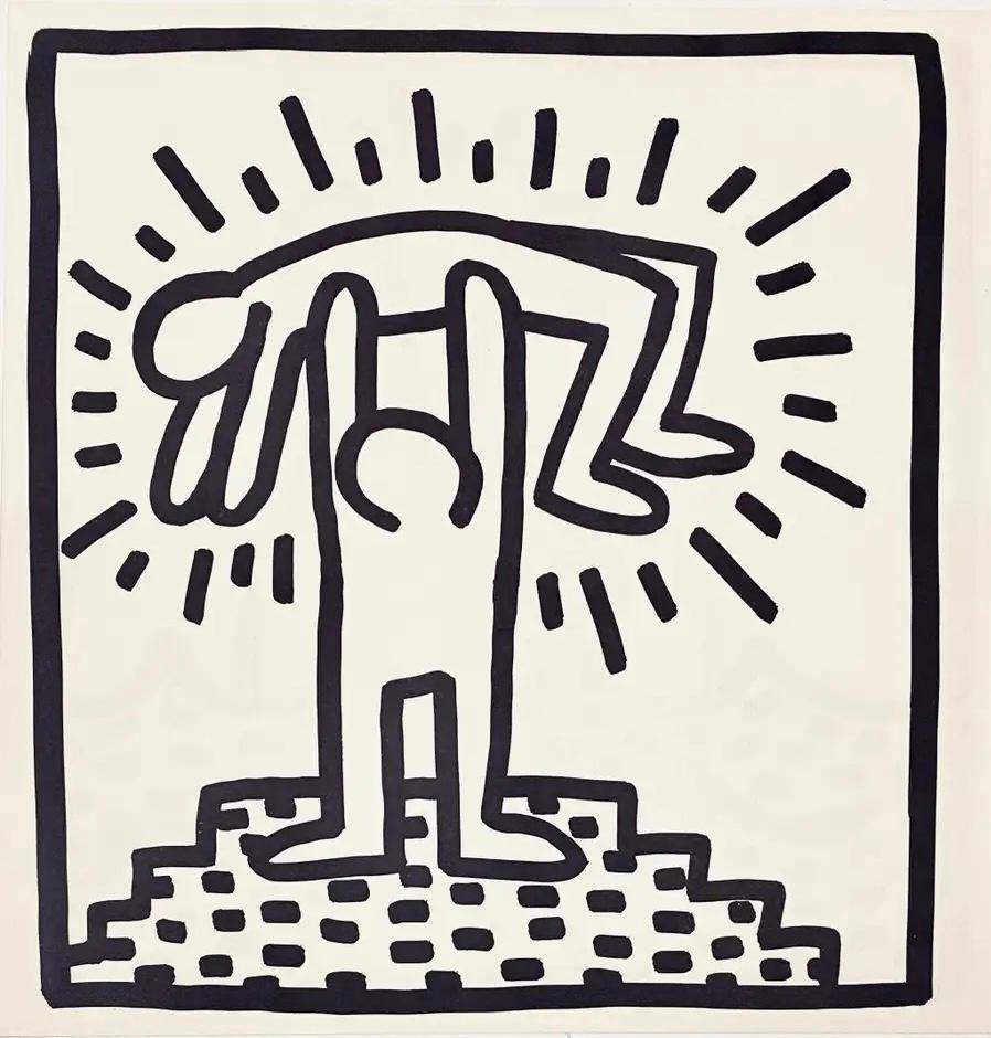 Lithographie de Keith Haring 1982 :
Encart lithographique double face tiré du catalogue d'exposition de la galerie Tony Shafrazi, publié en 1982 à l'occasion de la première exposition personnelle de Keith Haring dans une galerie. Tiré à 2000