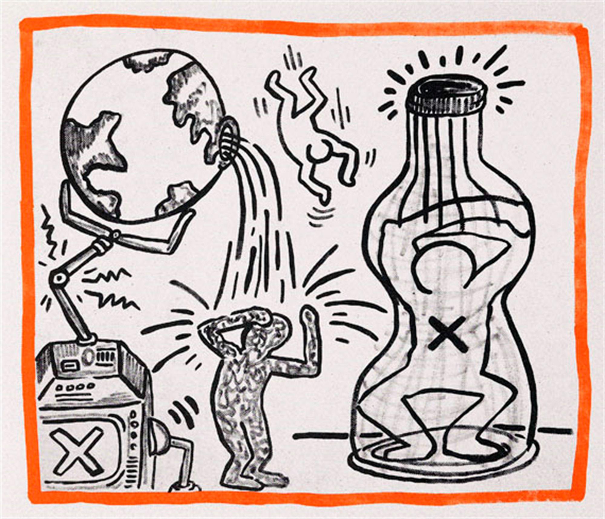 Keith Haring (untitled) Lithograph from Against All Odds, 1990:

Medium: Offset lithograph in colors on thick Rivoli paper. 
Dimensions: 8.5 x 10.25 inches. 
Unsigned from a limited edition of 2,500.
Very good condition with the exception of some