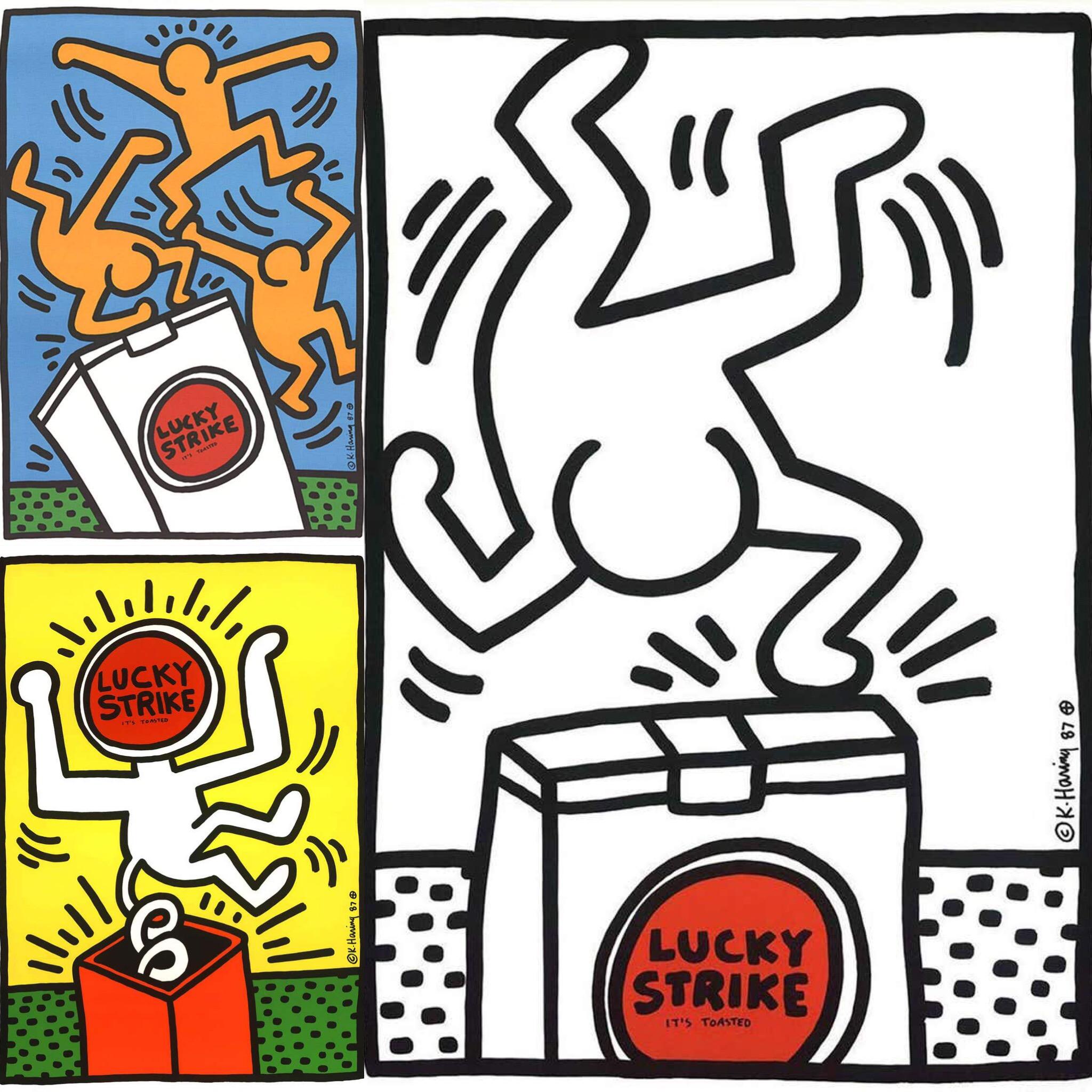Vintage original Keith Haring Lucky Strike Screen-prints 1987: complete set of 3.

"The advertising posters for Lucky Strike cigarettes reflect the popular Montreux posters from 1983. According to the imprint, they were commissioned by Lucky Strike