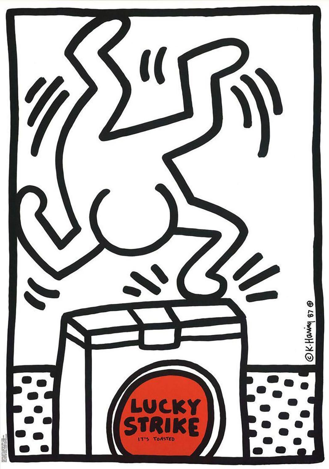 Keith Haring Lucky Strike poster, 1987:
"The advertising posters for Lucky Strike cigarettes reflect the popular Montreux posters from 1983. According to the imprint, they were commissioned by Lucky Strike Switzerland, arranged by the art consultant