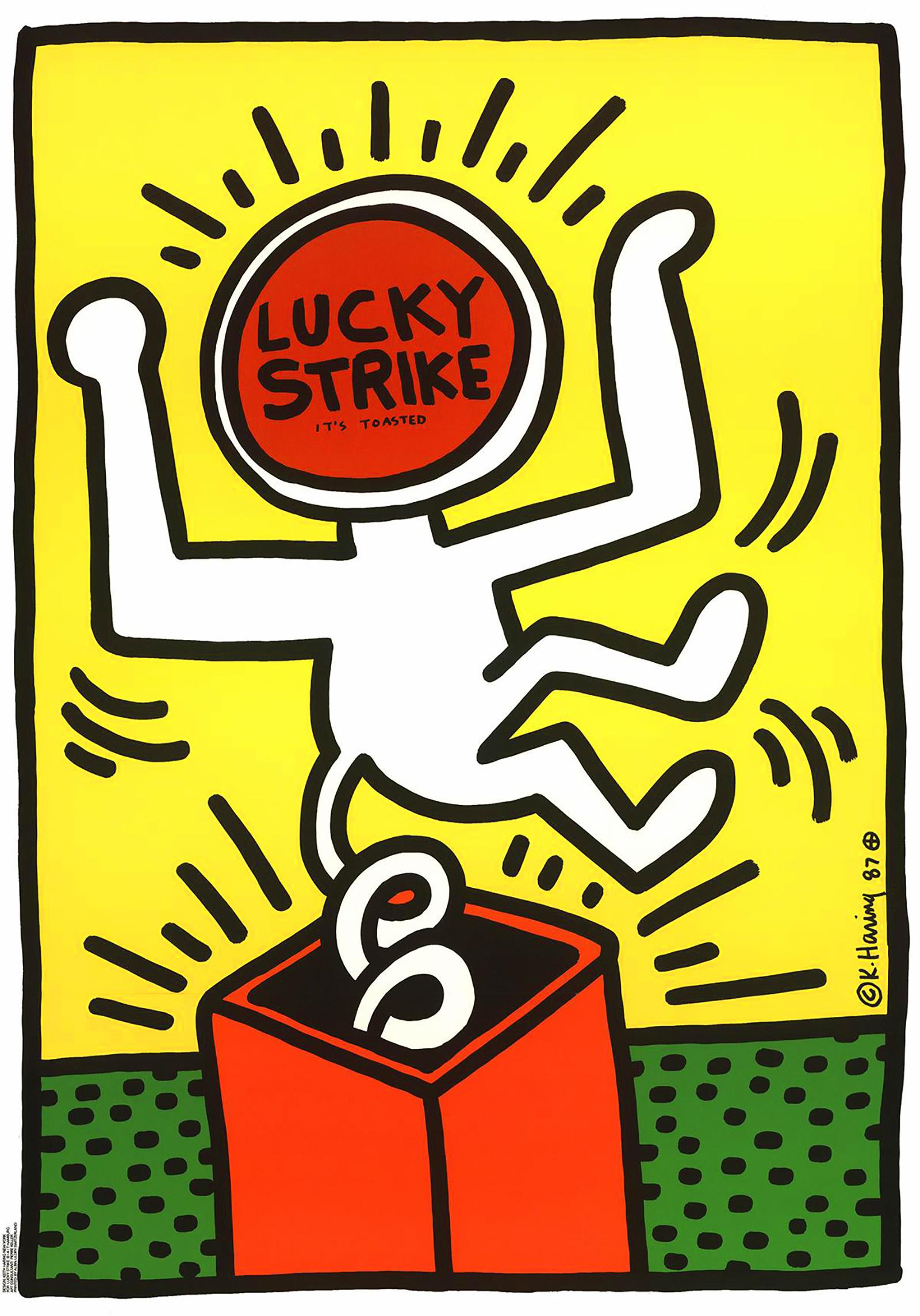 Keith Haring Lucky Strike Plakat 1987:
Vintage-Originalplakat von Keith Haring aus den 1980er Jahren, entworfen und illustriert von Haring im Auftrag der langjährigen Zigarettenmarke Lucky Strike. Katalog Raisonne: Keith Haring: Plakate (Prestel