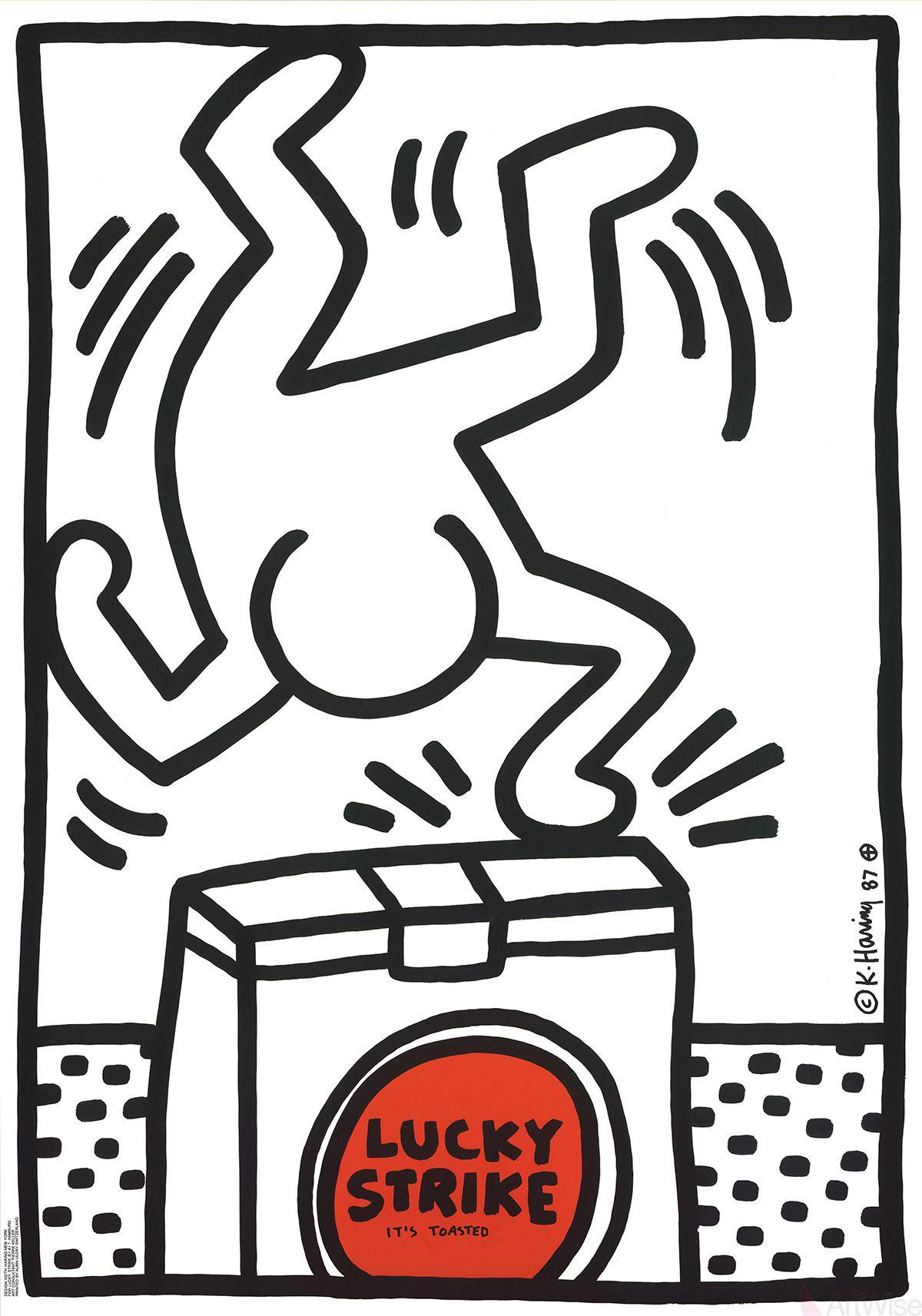 Vintage original Keith Haring Lucky Strike Screen-print, 1987

"The advertising posters for Lucky Strike cigarettes reflect the popular Montreux posters from 1983. According to the imprint, they were commissioned by Lucky Strike Switzerland,