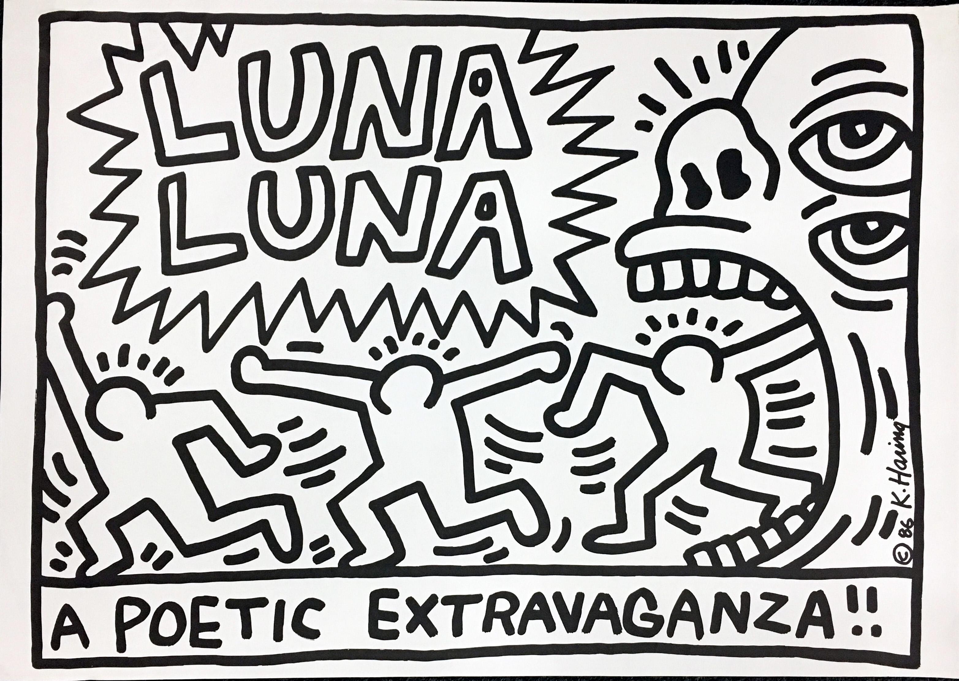 Keith Haring 'Luna Luna. A Poetic Extravaganza!!' Poster 1986:
Keith Haring created three poster designs for the poetic spectacle Luna Luna, 'A Fair with Modern Art', presented by the Viennese impresario Andre Heller. The show opened on June 3rd