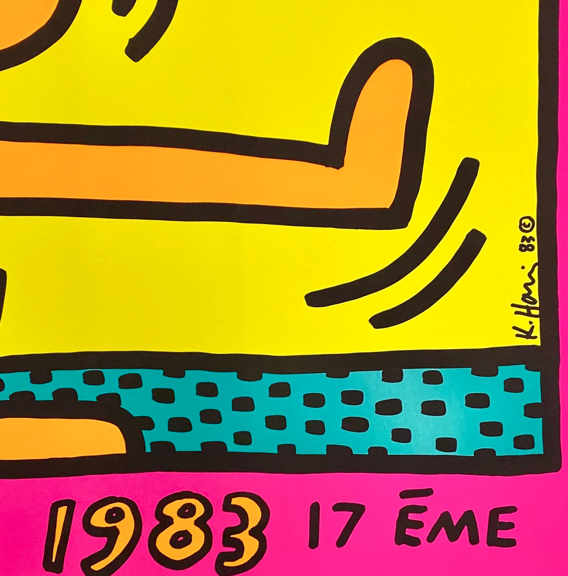 Keith Haring Montreux Jazz Serigraph;
Montreux Jazz Festival, Switzerland, 1983. 

Serigraph in colors. 
27 x 39 inches (70 x 100 cm).
Printed signature lower right.
Minor signs of handling; otherwise good to very good overall condition with bright,