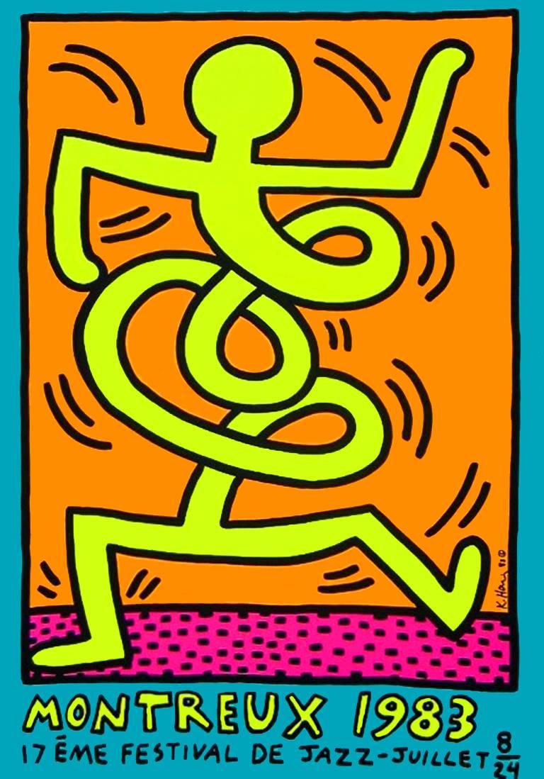 Keith Haring Serigraph 
Montreux Jazz Festival, Switzerland, 1983. 

Serigraph in colors 
27 x 39 inches (70 x 100 cm)
Plate Signed by Haring on lower right 
Very minor signs of handling; otherwise excellent condition 

Superbly constructed,