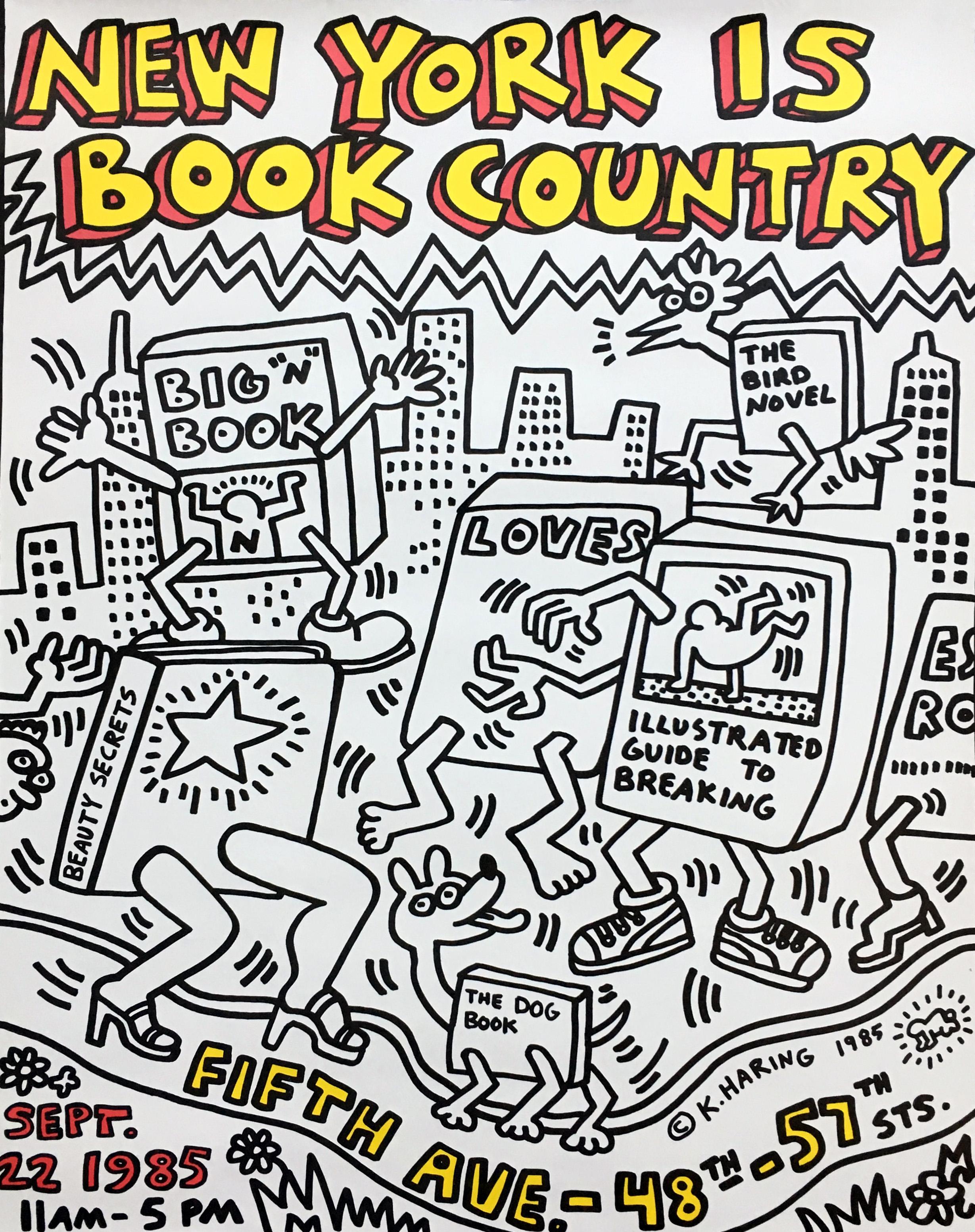 Keith Haring New York is Book Country 1985:
Original 1980s Keith Haring illustrated poster for the New York Book Fair on September 22, 1985 on Fifth Avenue (48th-57th st) in Manhattan. A charity fair Haring participated in to raise funds for