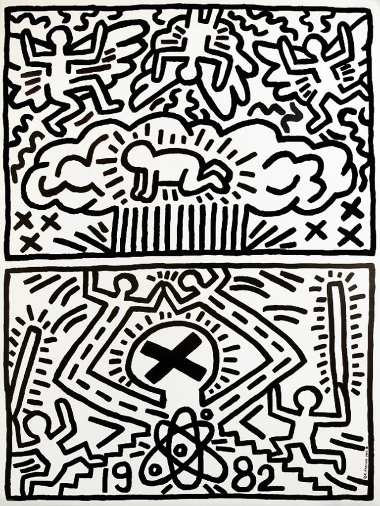Keith Haring Nuclear Disarmament poster 1982:
In 1982 Keith Haring created this poster for Nuclear Disarmament, which features his signature Radiant Baby in a mushroom cloud. This historical work marks Haring's first poster and helped engineer his