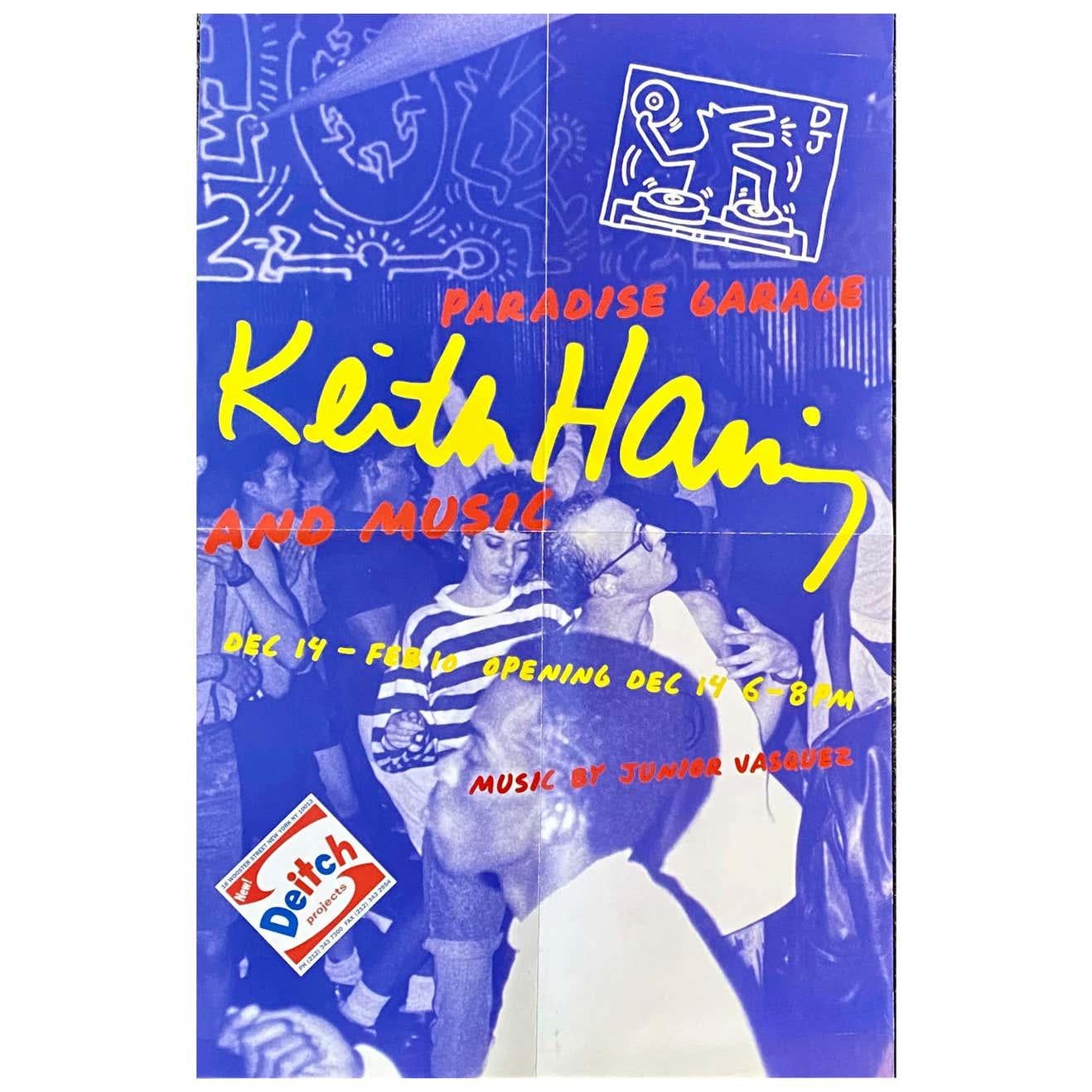 Rare vintage Keith Haring exhibition poster published on the occasion of:

‘Paradise Garage: Keith Haring and Music,
December 14, 2000-February 10, 2001, Deitch Projects, 18 Wooster Street, New York, NY.’

Offset lithograph; measures: 11 x 17