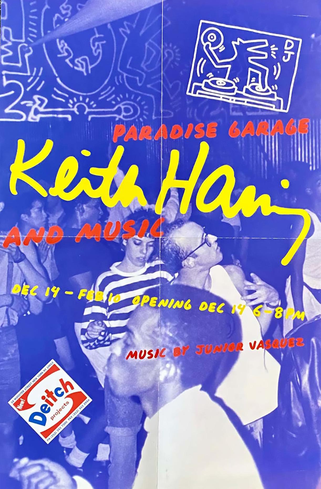 Rare affiche d'exposition vintage de Keith Haring publiée à l'occasion de :

Paradise Garage : Keith Haring et la musique,
14 décembre 2000-10 février 2001, Deitch Projects, 18 Wooster Street, New York, NY'.

Lithographie offset ; dimensions : 11 x