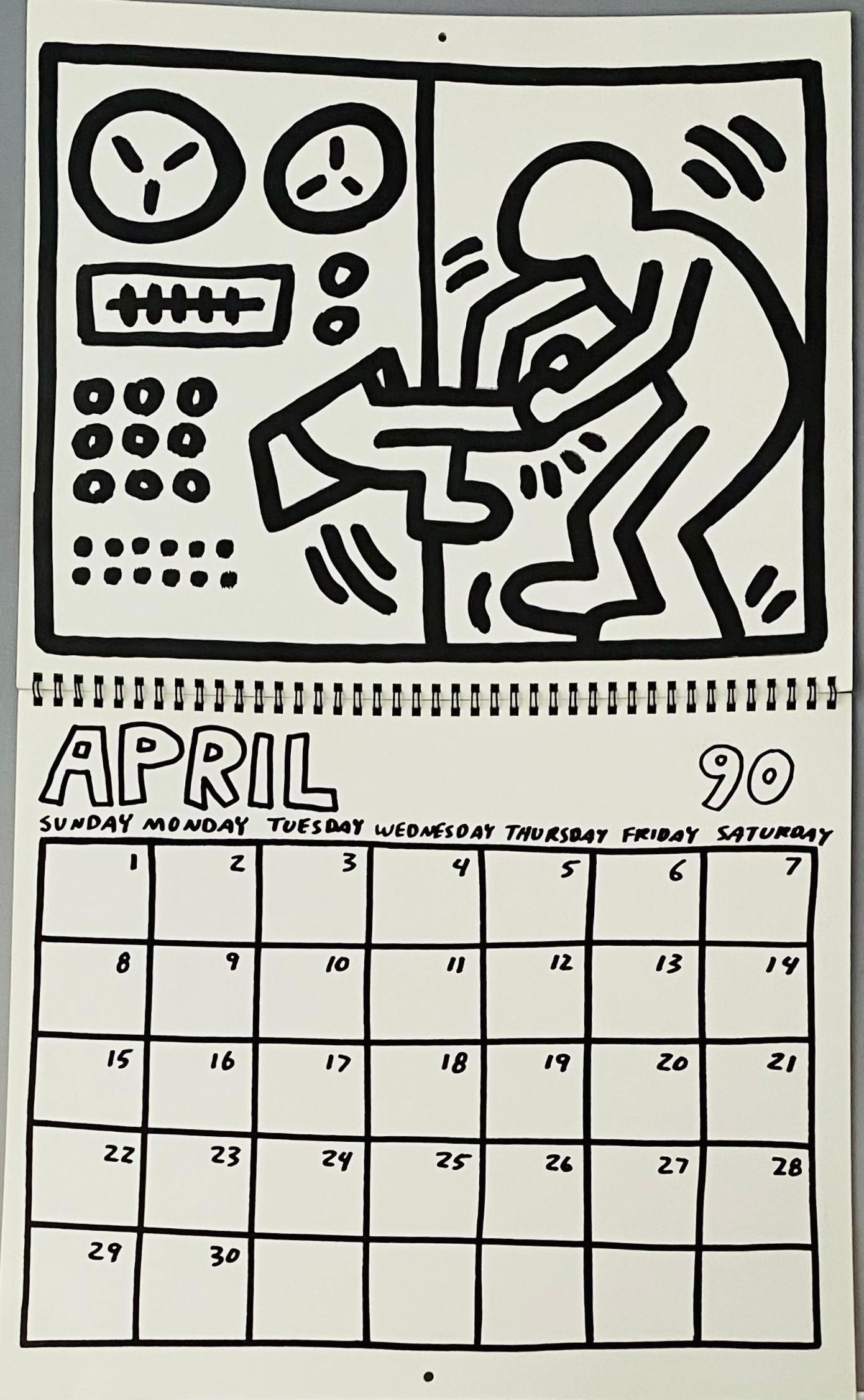 Keith Haring Pop Shop 1989:
Rare Keith Haring illustrated 20 month calendar designed by Haring just months before his passing in February, 1990. The calendar was sold in 1989/90 at Haring's Pop Shop in New York City and features 20 much iconic