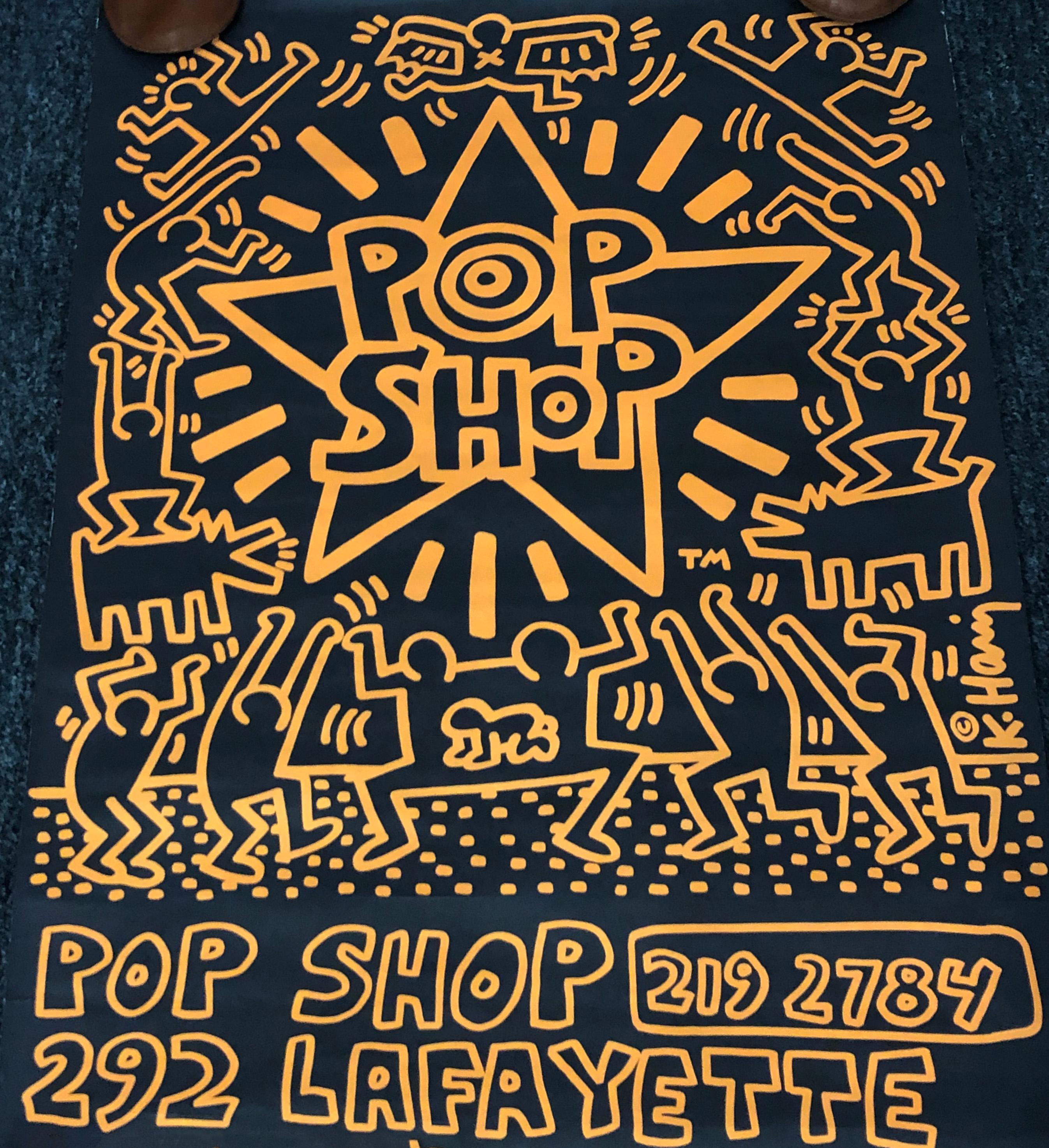 Original Keith Haring illustrated Pop Shop Poster, 1986:

Offset lithograph in black & orange.  
34 x 22 inches. 
Minor signs of handling including some light surface creasing; some corner edge wear on upper; in otherwise good overall condition