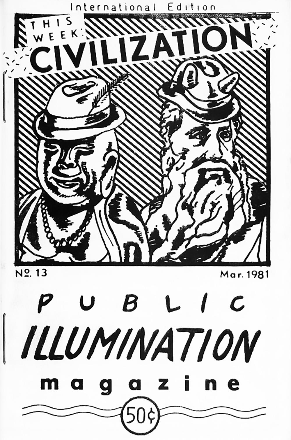 Keith Haring Public Illumination 1981:

A rare, highly collectible small pamphlet-style art magazine (measuring 4.25 x 2.75 inches), featuring a centerfold spread illustrated by Keith Haring, playfully credited under the moniker 