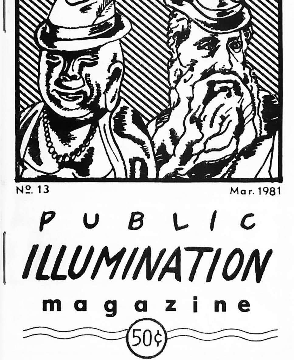 Keith Haring Public Illumination 1981:
A rare, highly collectible small pamphlet-style art magazine (measuring 4.25 x 2.75 inches), featuring a centerfold spread illustrated by Keith Haring, playfully credited under the moniker 